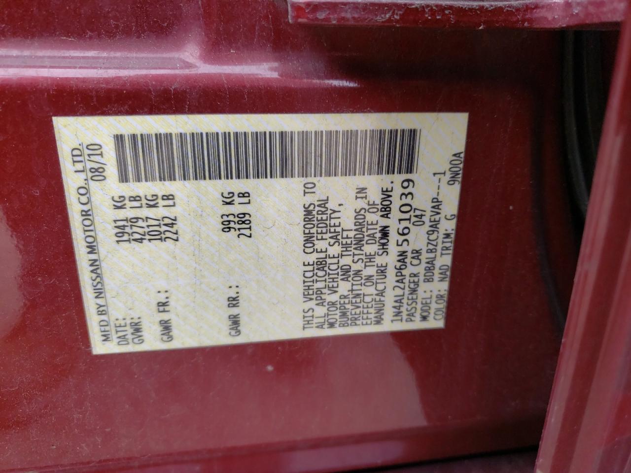 Photo 10 from auction – 2010 NISSAN ALTIMA BAS with VIN 1N4AL2AP6AN561039