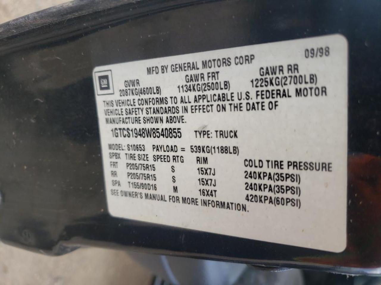 Zdjęcie 10 z aukcji – 1998 GMC SONOMA z VIN 1GTCS1948W8540855