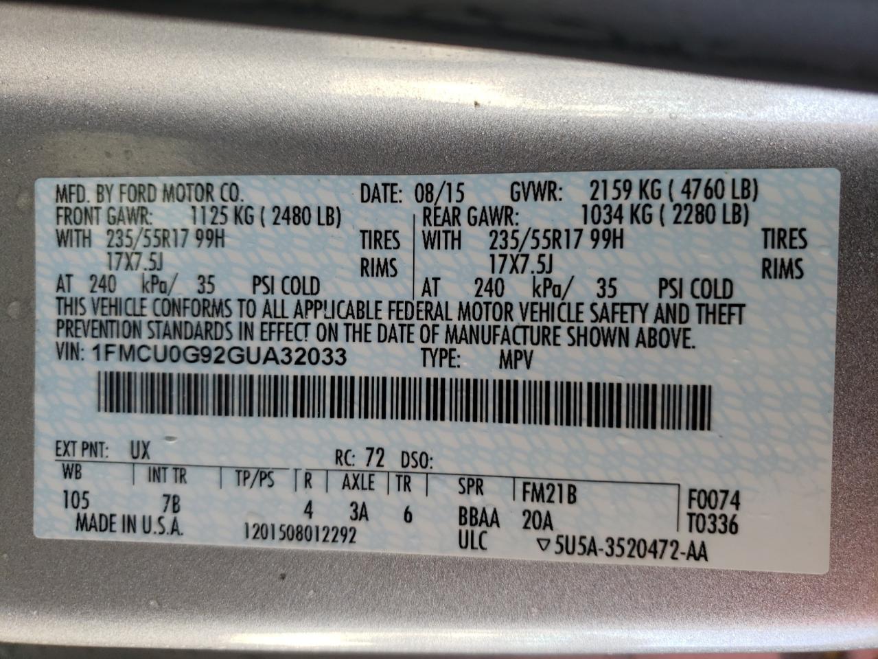صورة رقم 10 من المزاد - 2016 FORD ESCAPE SE مع VIN 1FMCU0G92GUA32033