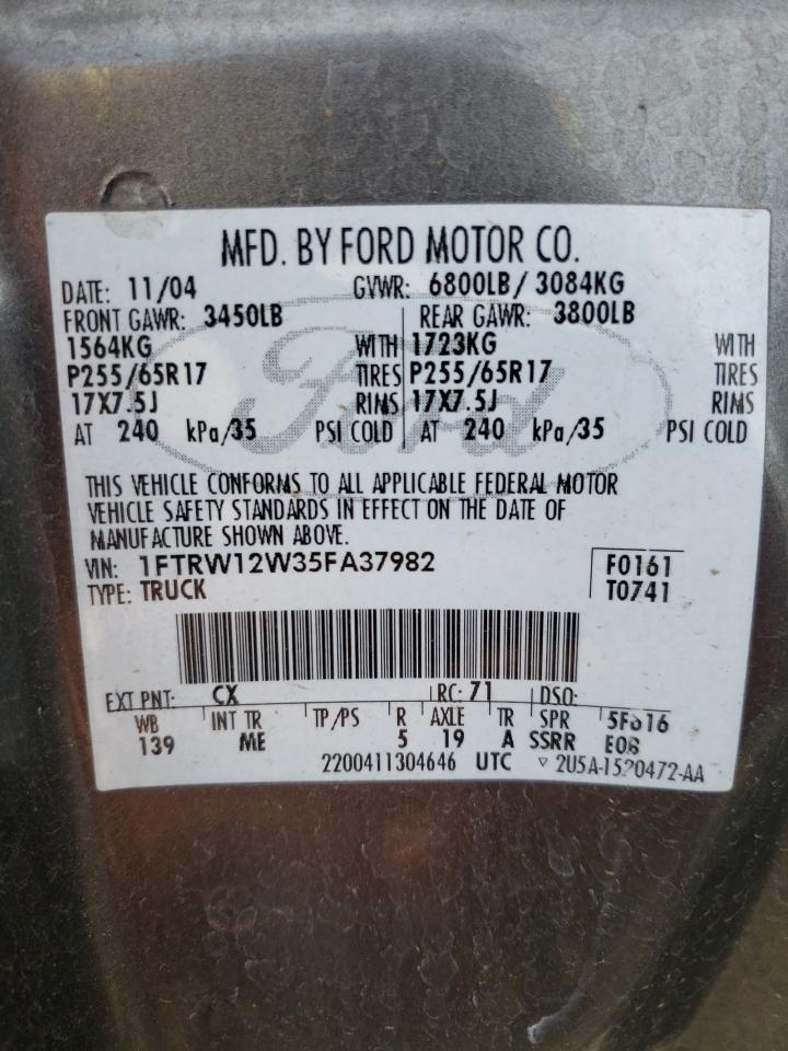 Photo 10 from auction – 2005 FORD F150 SUPER with VIN 1FTRW12W35FA37982