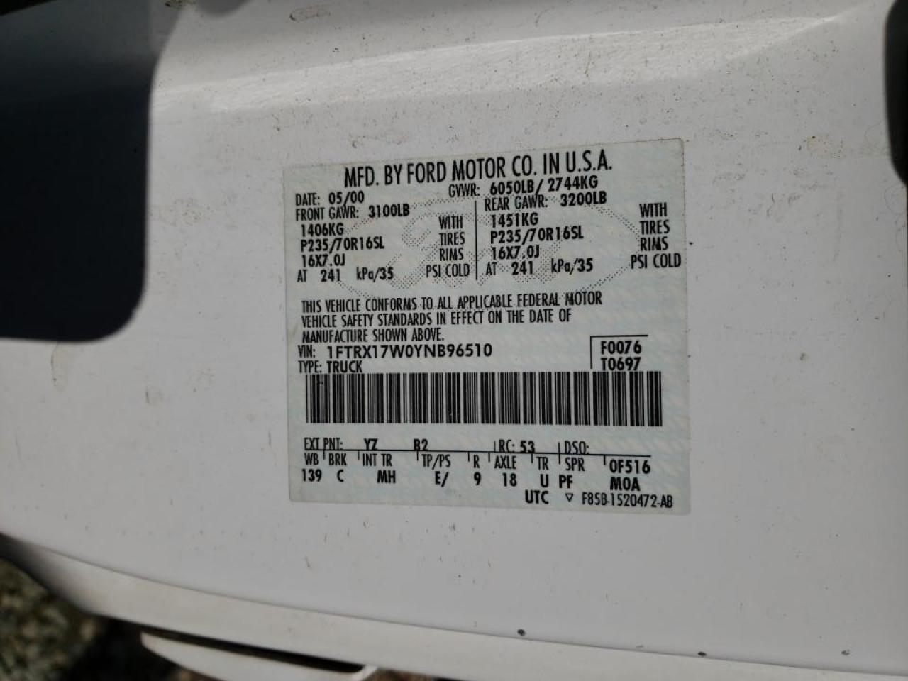 Photo 10 from auction – 2000 FORD F150 with VIN 1FTRX17W0YNB96510