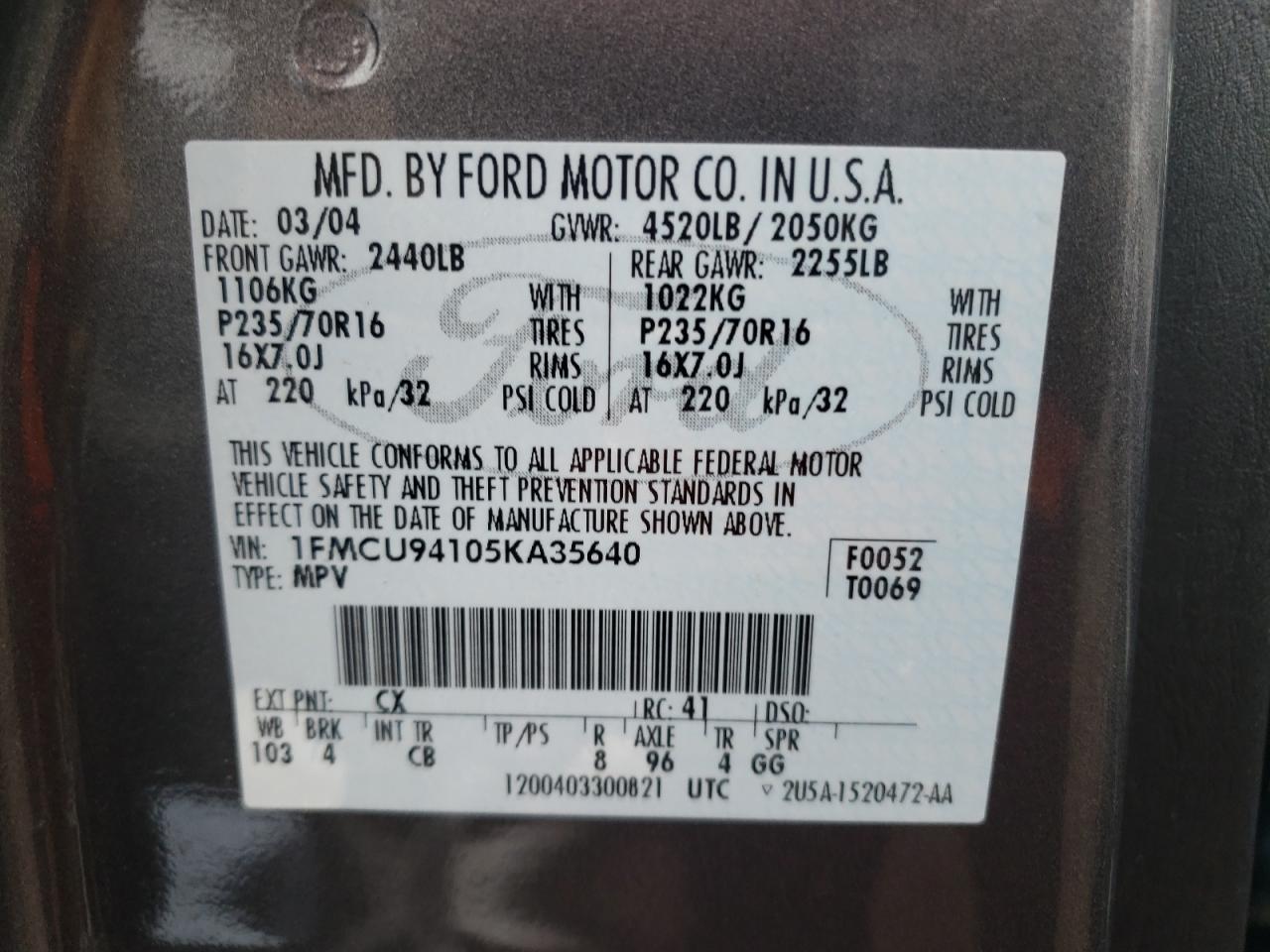 Photo 10 from auction – 2005 FORD ESCAPE LIM with VIN 1FMCU94105KA35640