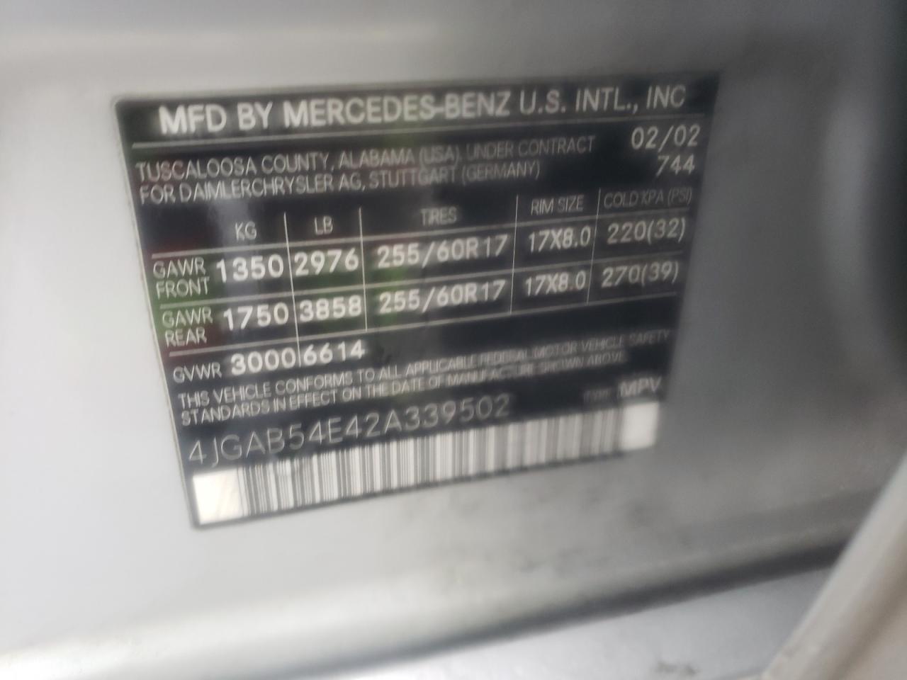 Photo 10 from auction – 2002 MERCEDES-BENZ ML 320 with VIN 4JGAB54E42A339502