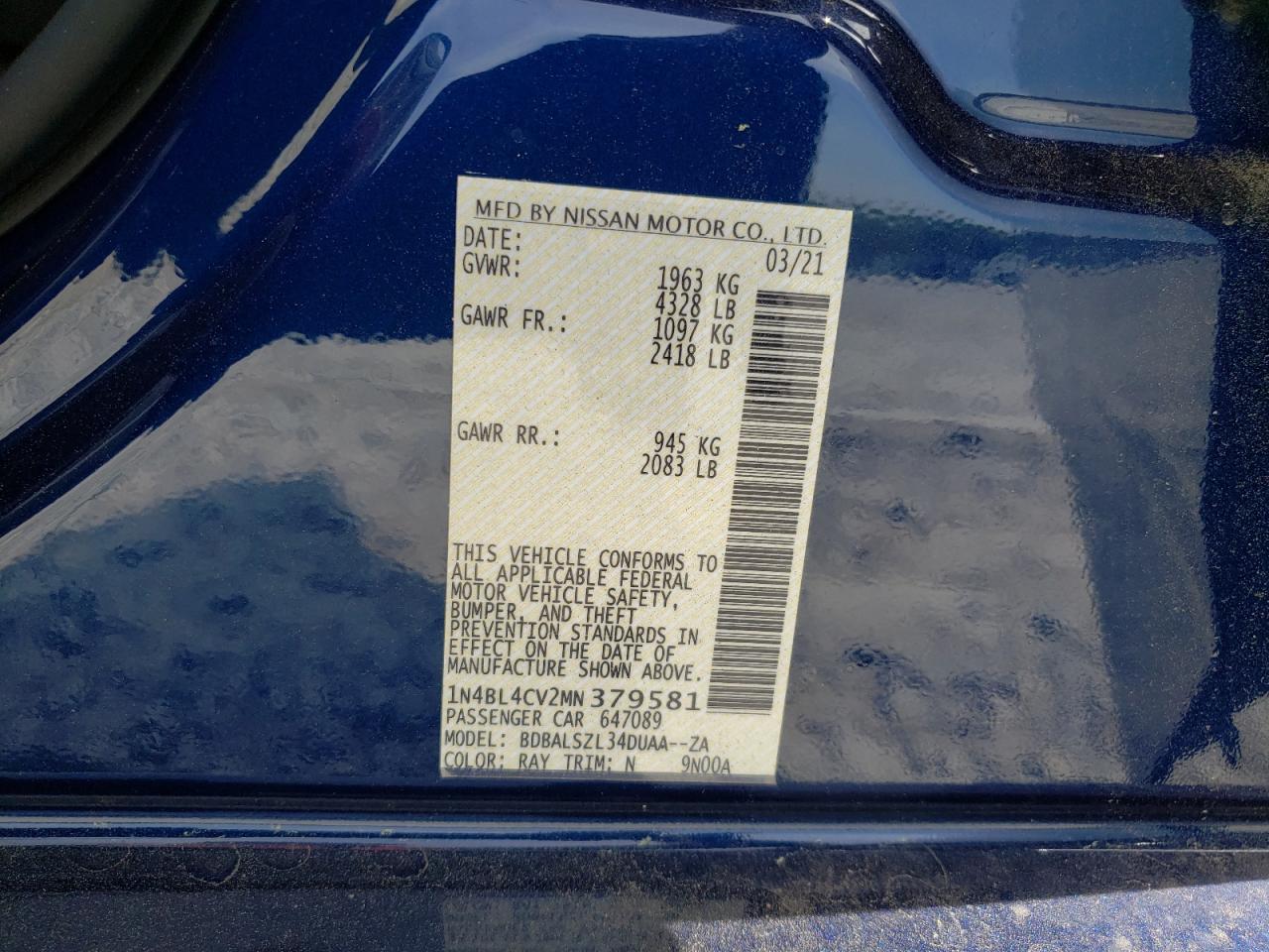 Photo 10 from auction – 2021 NISSAN ALTIMA SR with VIN 1N4BL4CV2MN379581