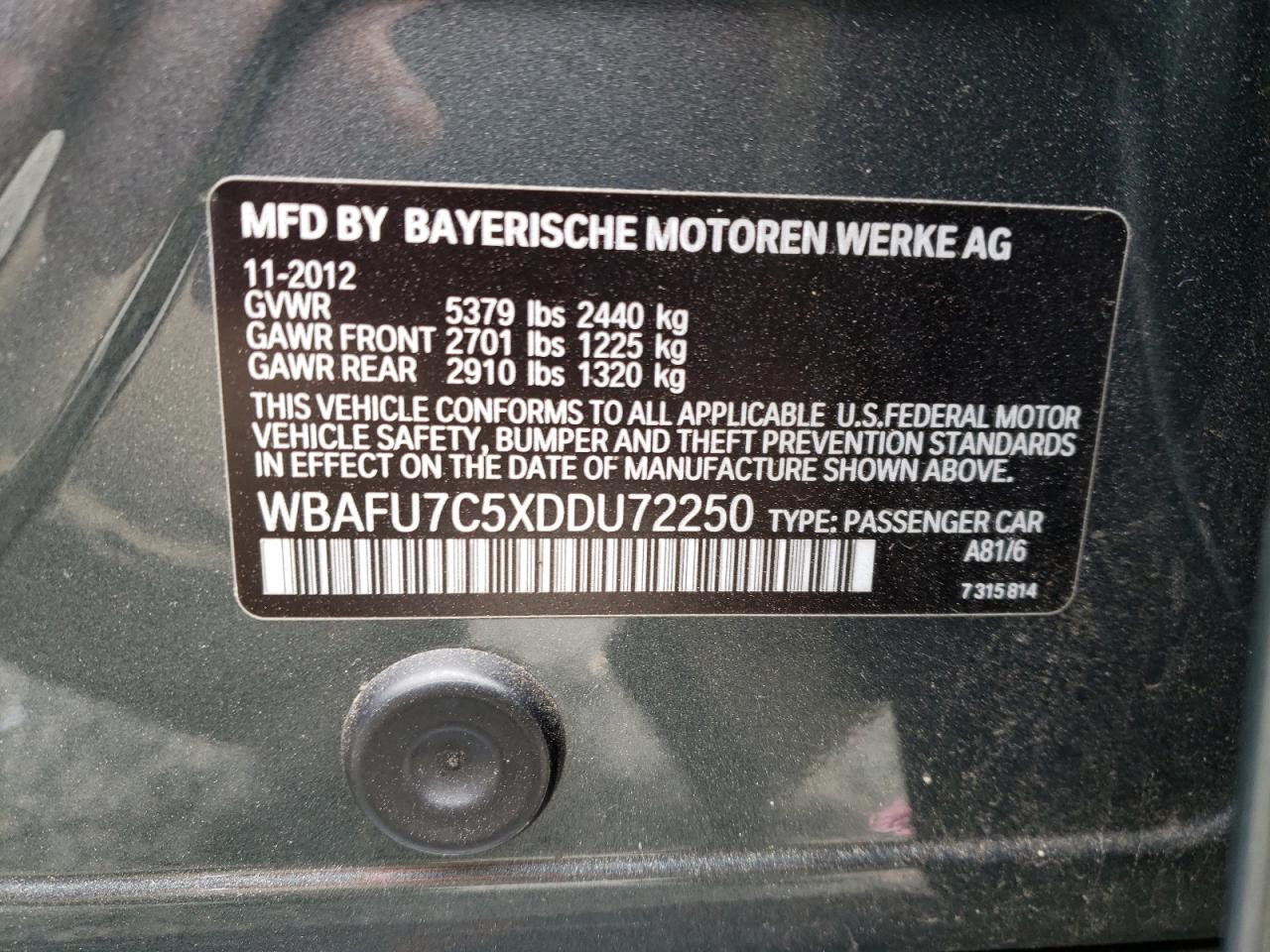 Photo 10 from auction – 2013 BMW 535 XI with VIN WBAFU7C5XDDU72250