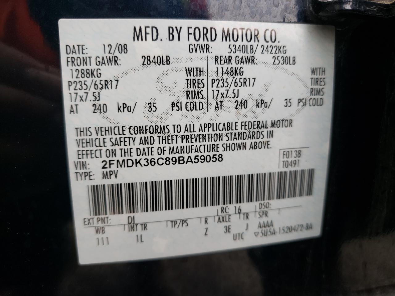 Photo 10 from auction – 2009 FORD EDGE SE with VIN 2FMDK36C89BA59058