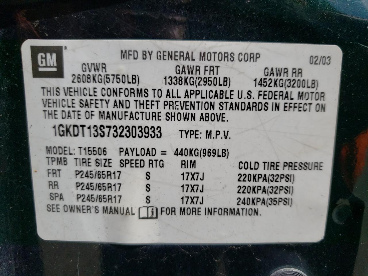 Photo 10 from auction – 2003 GMC ENVOY with VIN 1GKDT13S732303933