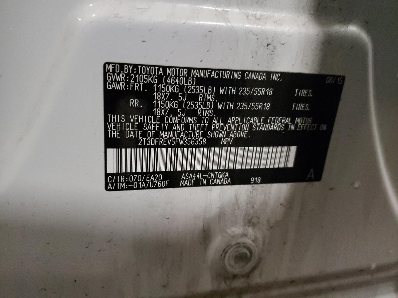 Photo 10 from auction – 2015 TOYOTA RAV4 LIMIT with VIN 2T3DFREV5FW356358