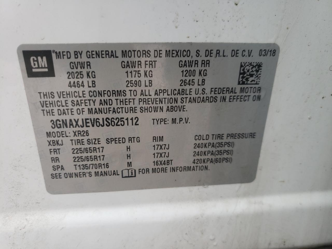Photo 10 from auction – 2018 CHEVROLET EQUINOX LT with VIN 3GNAXJEV6JS625112