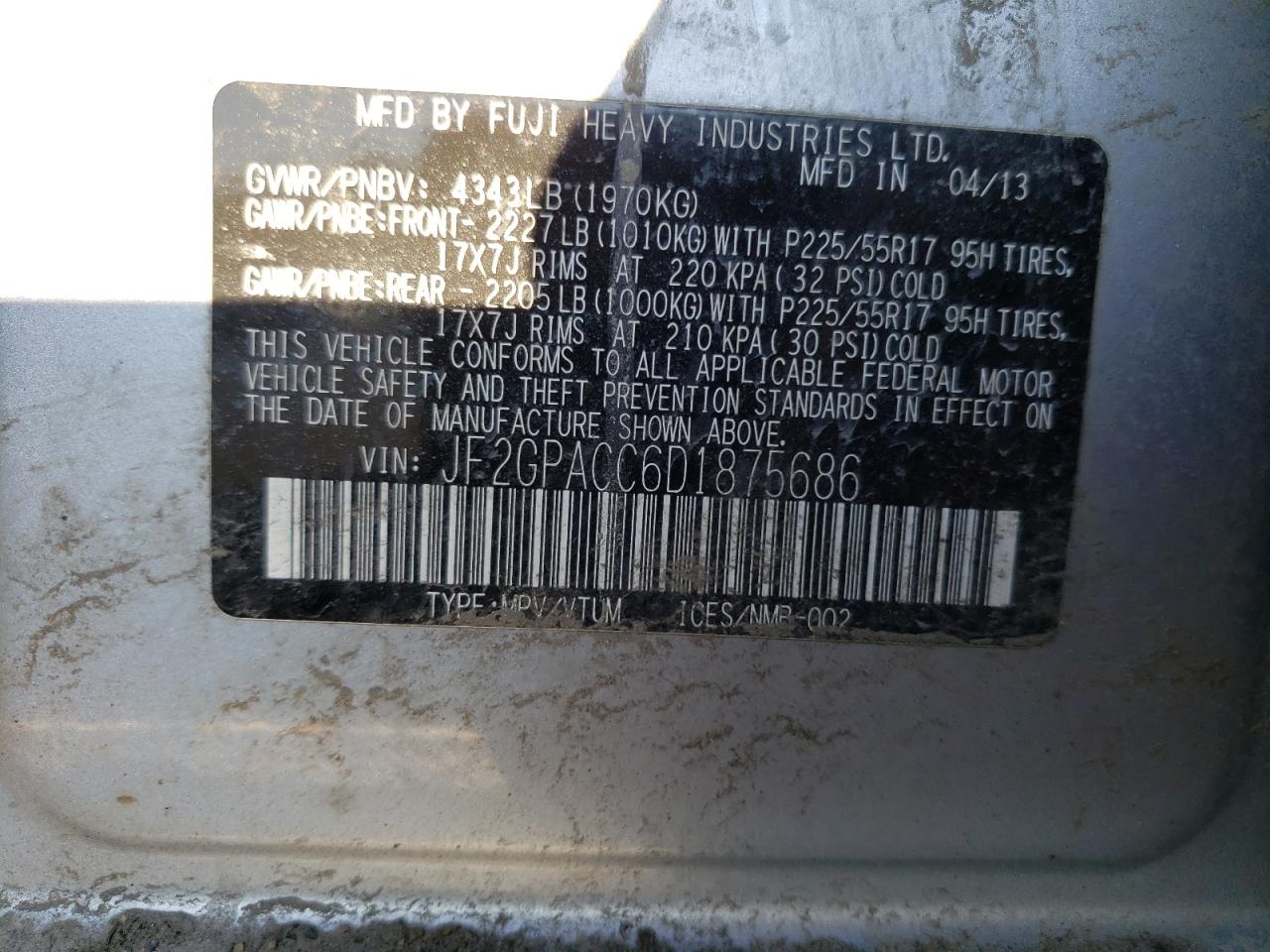 Photo 10 from auction – 2013 SUBARU XV CROSSTR with VIN JF2GPACC6D1875686