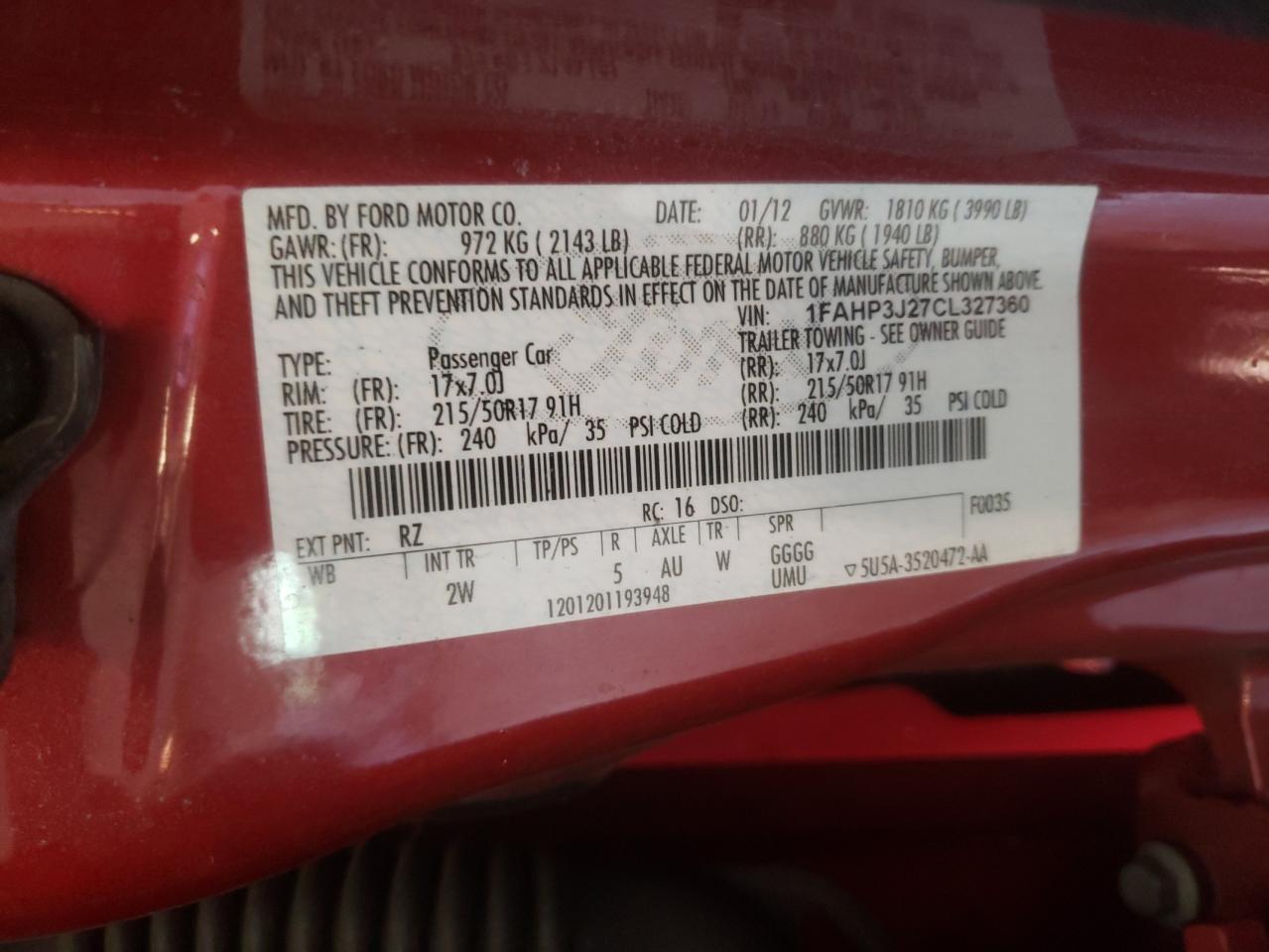 Photo 10 from auction – 2012 FORD FOCUS TITA with VIN 1FAHP3J27CL327360