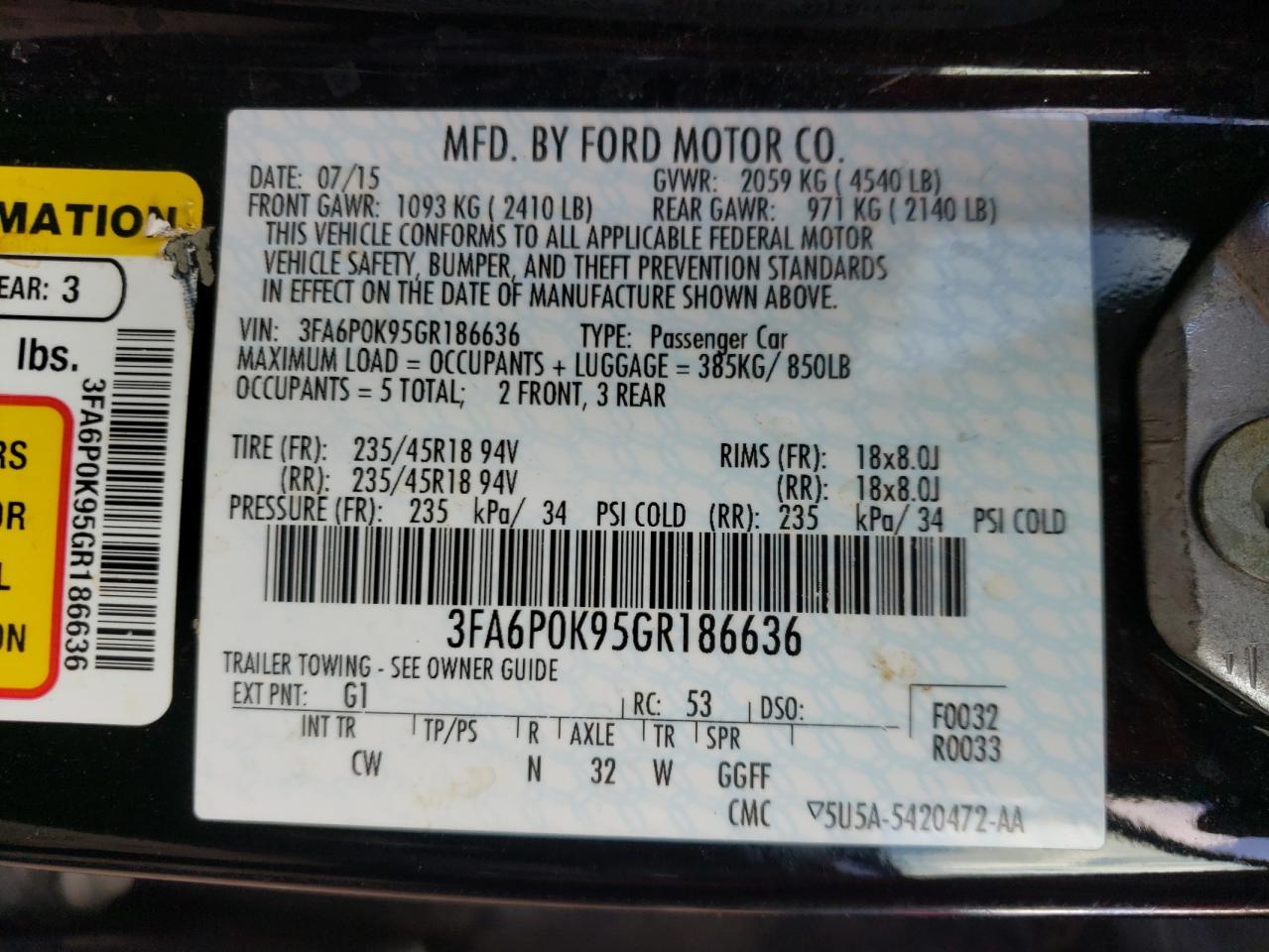 Photo 10 from auction – 2016 FORD FUSION TIT with VIN 3FA6P0K95GR186636