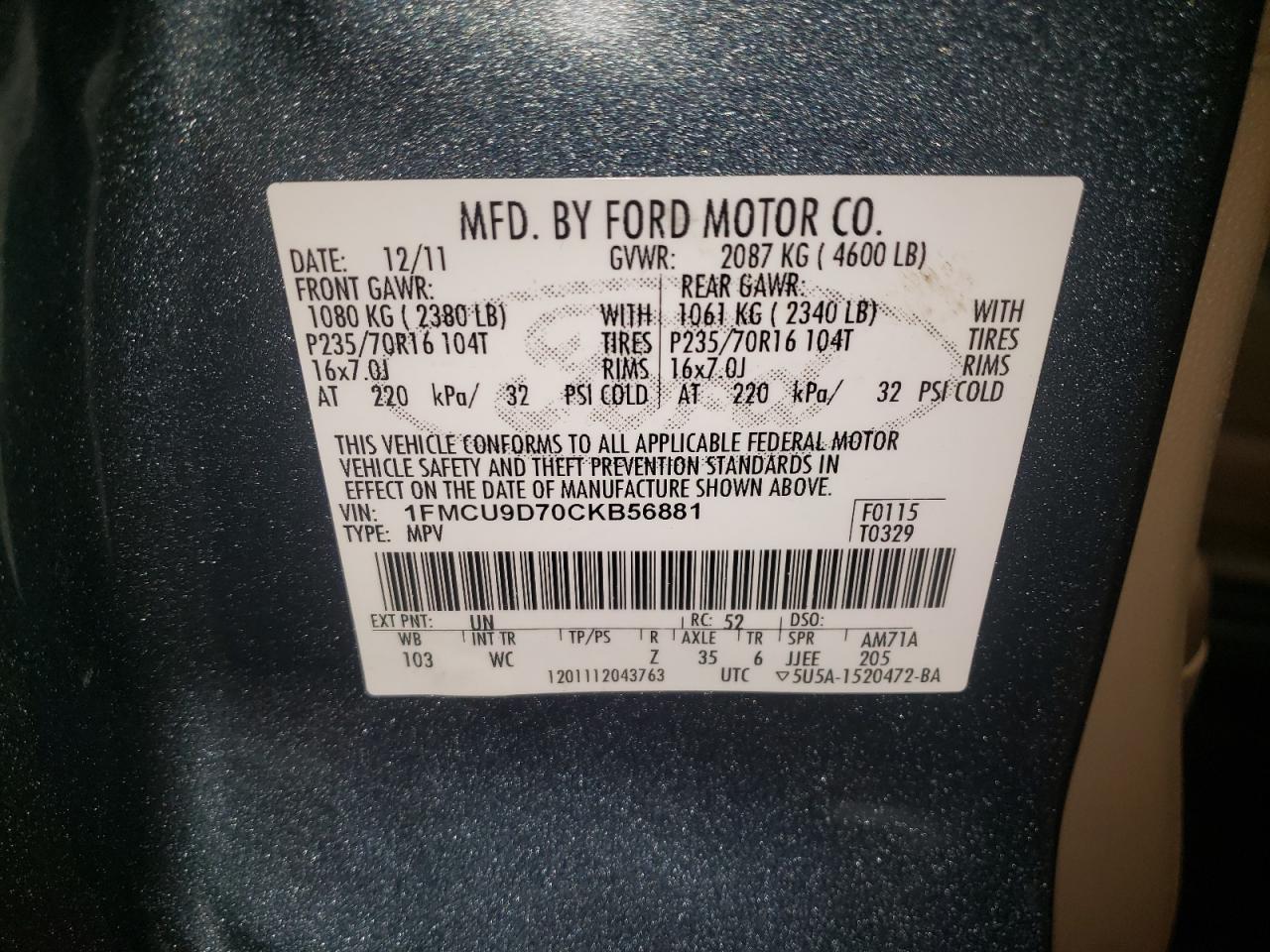 Photo 10 from auction – 2012 FORD ESCAPE XLT with VIN 1FMCU9D70CKB56881