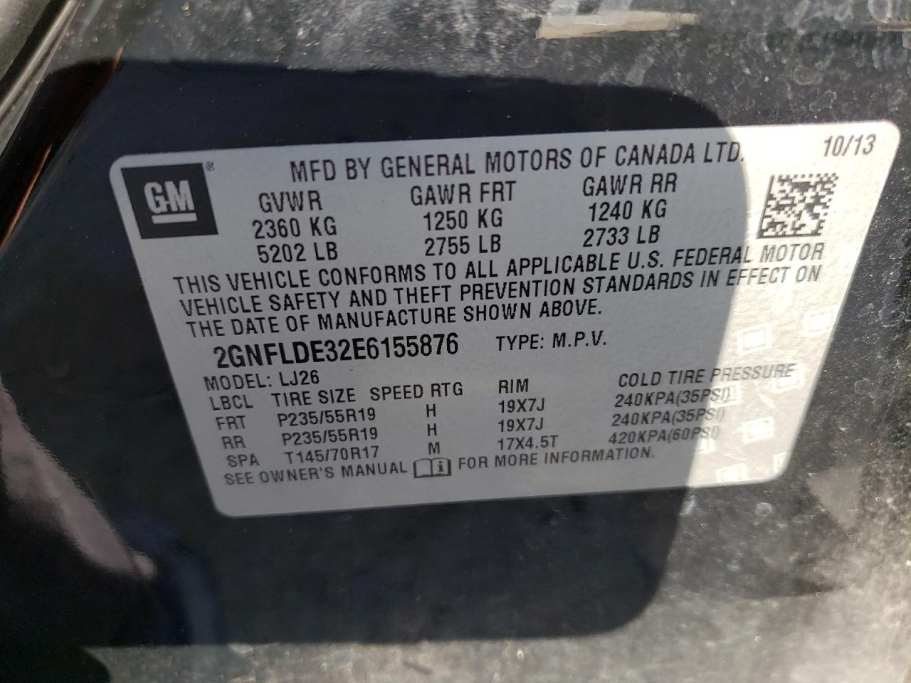 Photo 10 from auction – 2014 CHEVROLET EQUINOX LT with VIN 2GNFLDE32E6155876