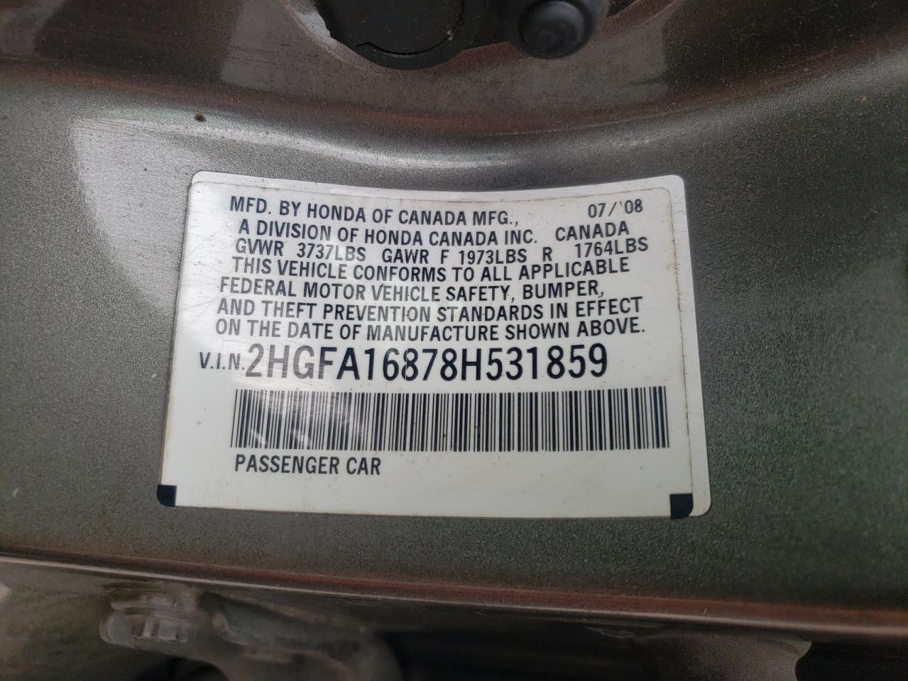 Photo 10 from auction – 2008 HONDA CIVIC EX with VIN 2HGFA16878H531859