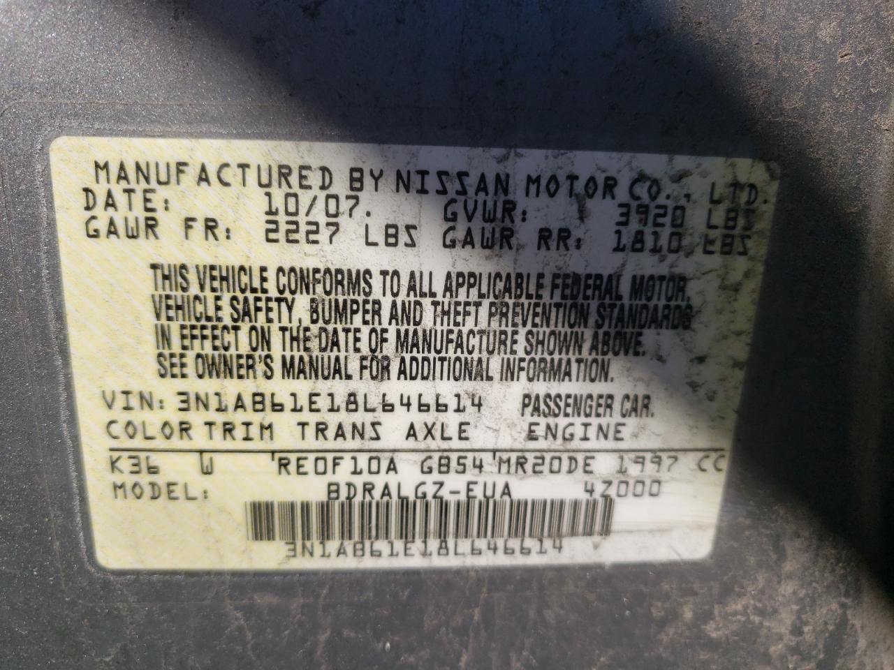 Photo 10 from auction – 2008 NISSAN SENTRA 2.0 with VIN 3N1AB61E18L646614