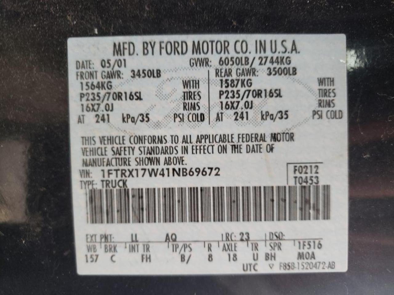 Photo 10 from auction – 2001 FORD F150 with VIN 1FTRX17W41NB69672