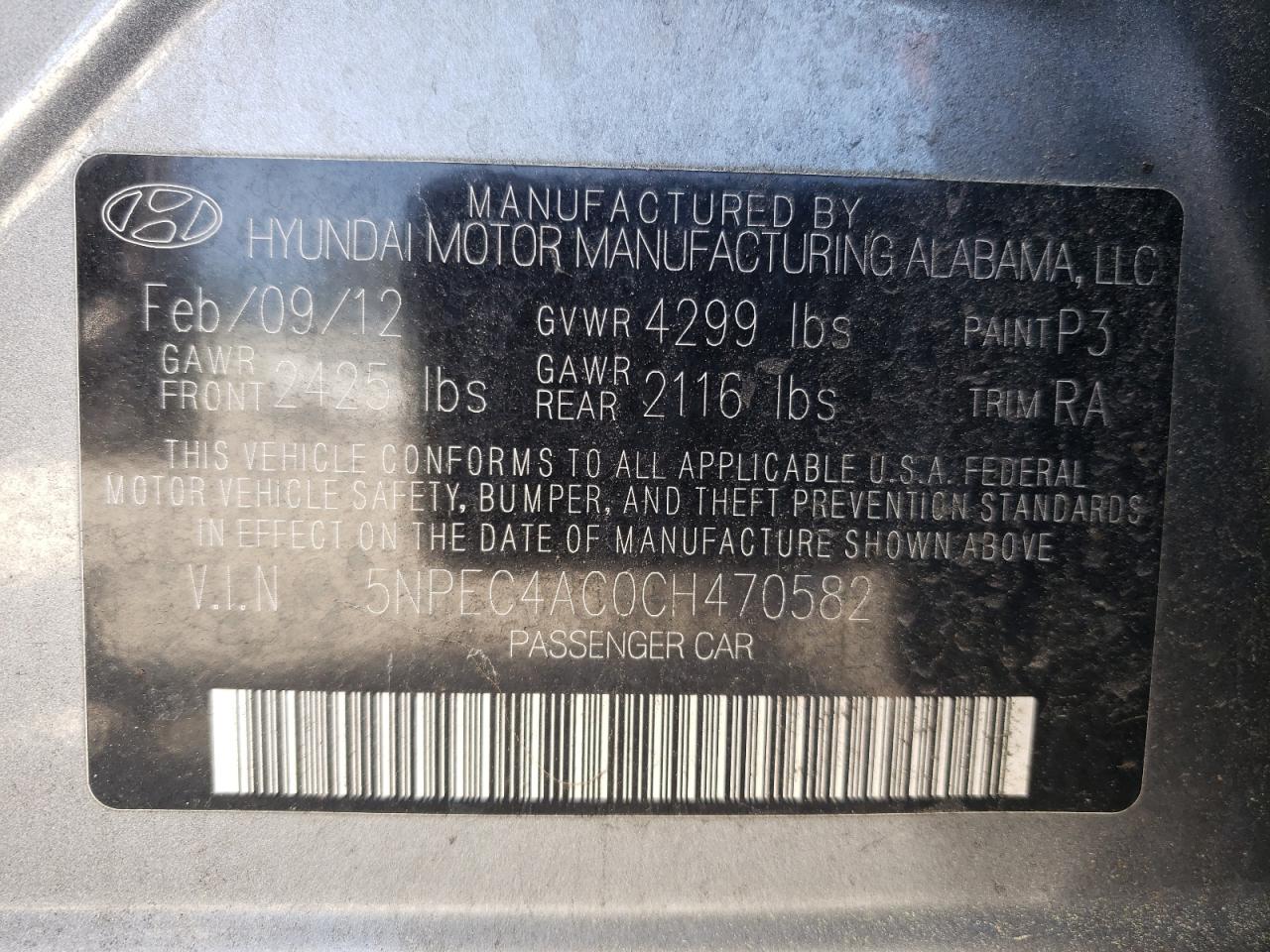 Photo 10 from auction – 2012 HYUNDAI SONATA SE with VIN 5NPEC4AC0CH470582