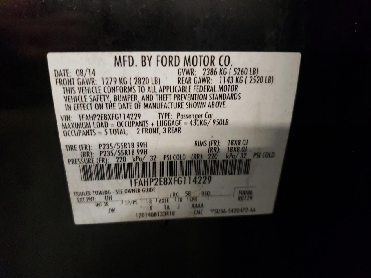 Photo 10 from auction – 2015 FORD TAURUS SEL with VIN 1FAHP2E8XFG114229