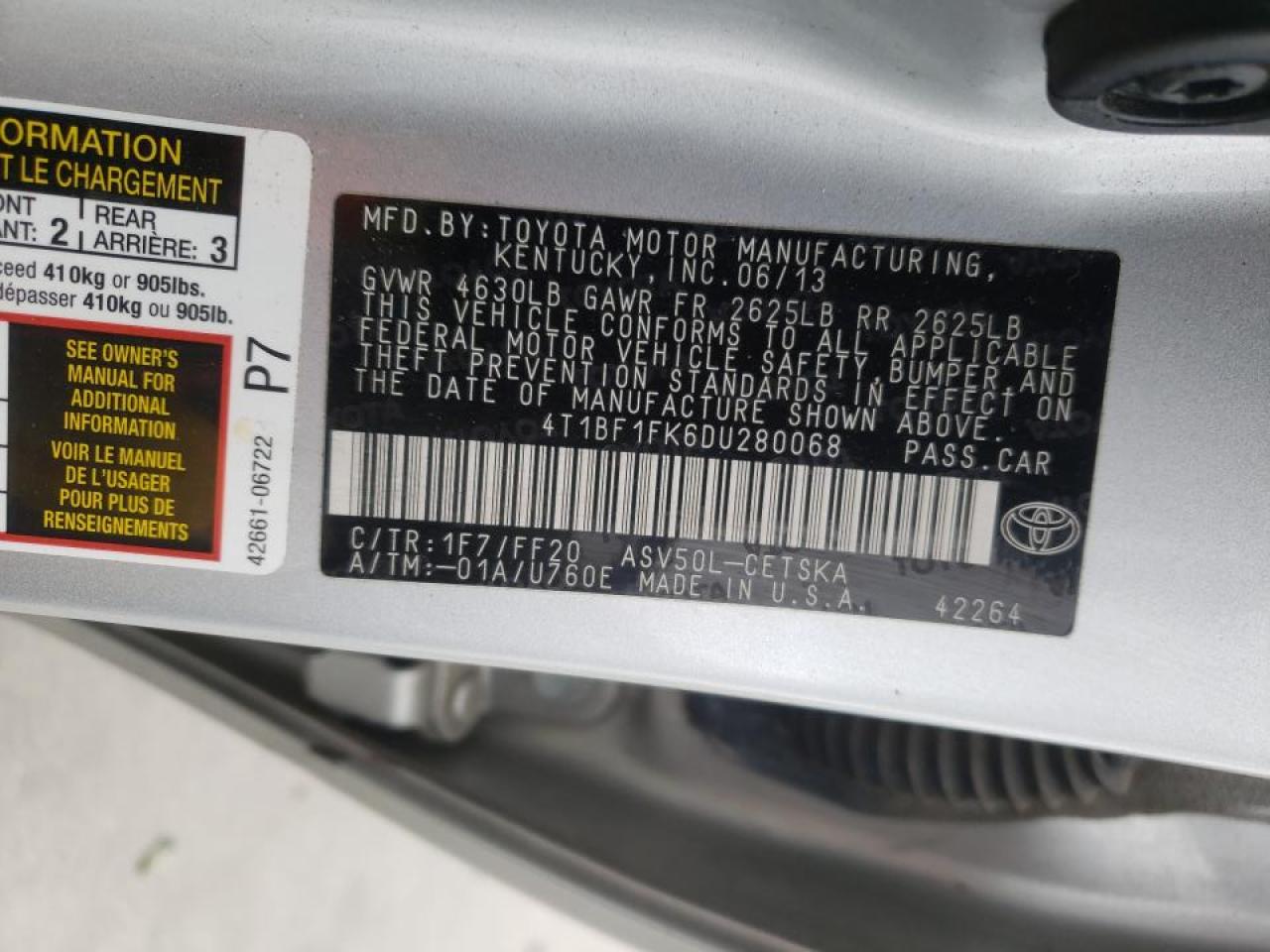 Photo 10 from auction – 2013 TOYOTA CAMRY L with VIN 4T1BF1FK6DU280068