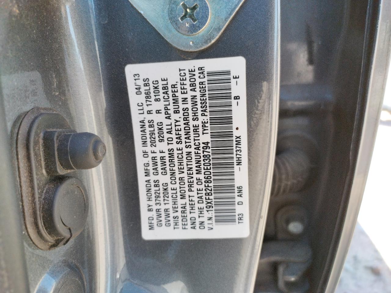 Photo 10 from auction – 2013 HONDA CIVIC EX with VIN 19XFB2F86DE038794