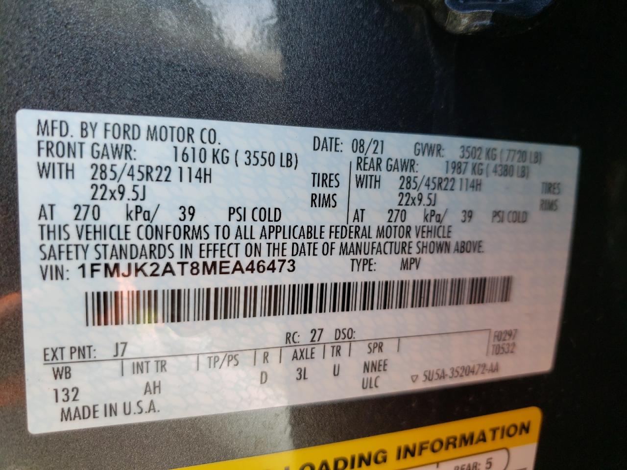 Photo 10 from auction – 2021 FORD EXPEDITION with VIN 1FMJK2AT8MEA46473