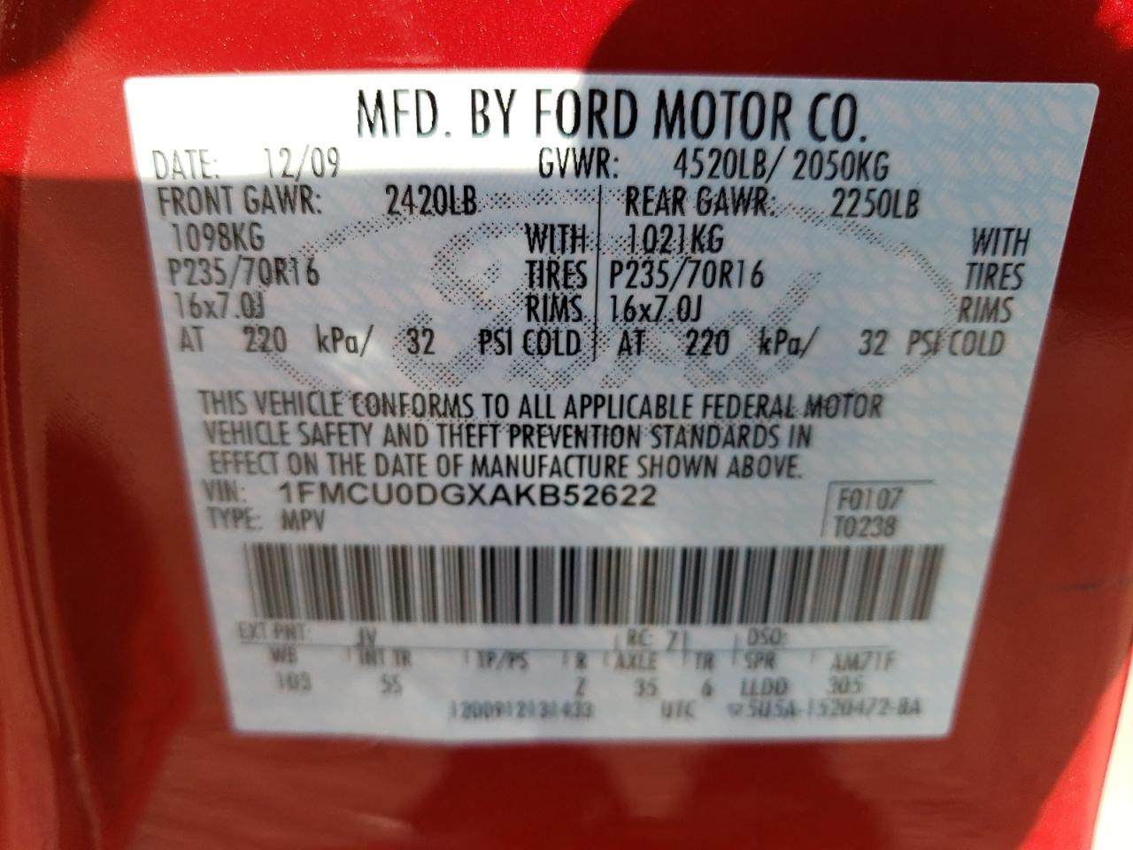 Photo 10 from auction – 2010 FORD ESCAPE XLT with VIN 1FMCU0DGXAKB52622