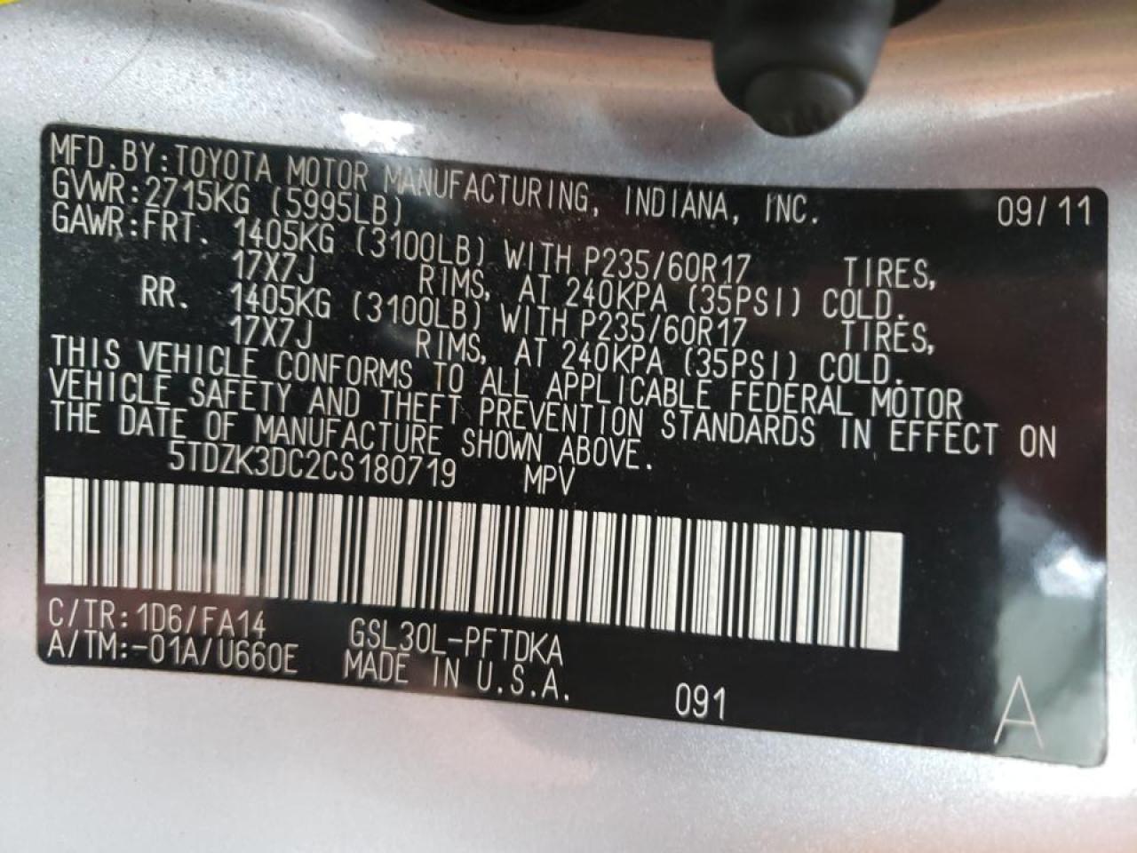 Photo 10 from auction – 2012 TOYOTA SIENNA with VIN 5TDZK3DC2CS180719