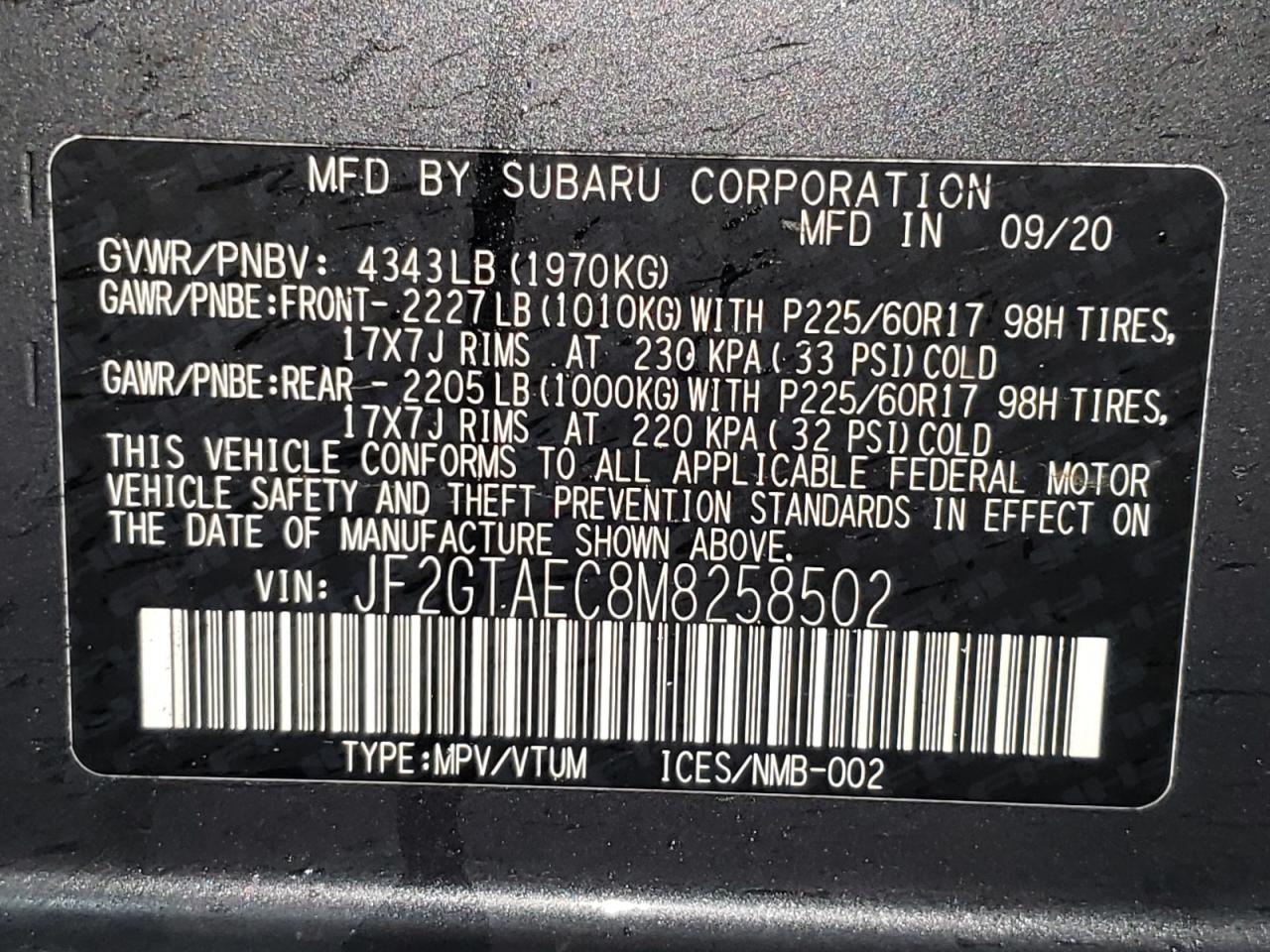 Photo 10 from auction – 2021 SUBARU CROSSTREK with VIN JF2GTAEC8M8258502