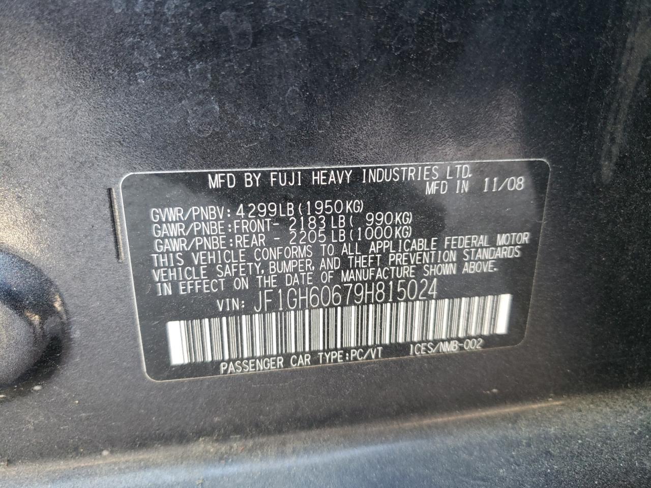 Photo 10 from auction – 2009 SUBARU IMPREZA 2. with VIN JF1GH60679H815024