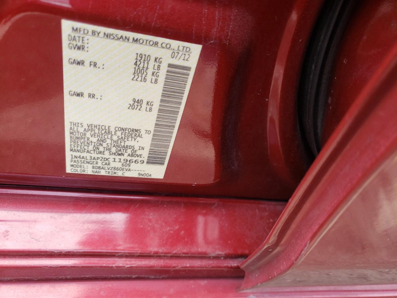 Photo 10 from auction – 2013 NISSAN ALTIMA 2.5 with VIN 1N4AL3AP2DC119669
