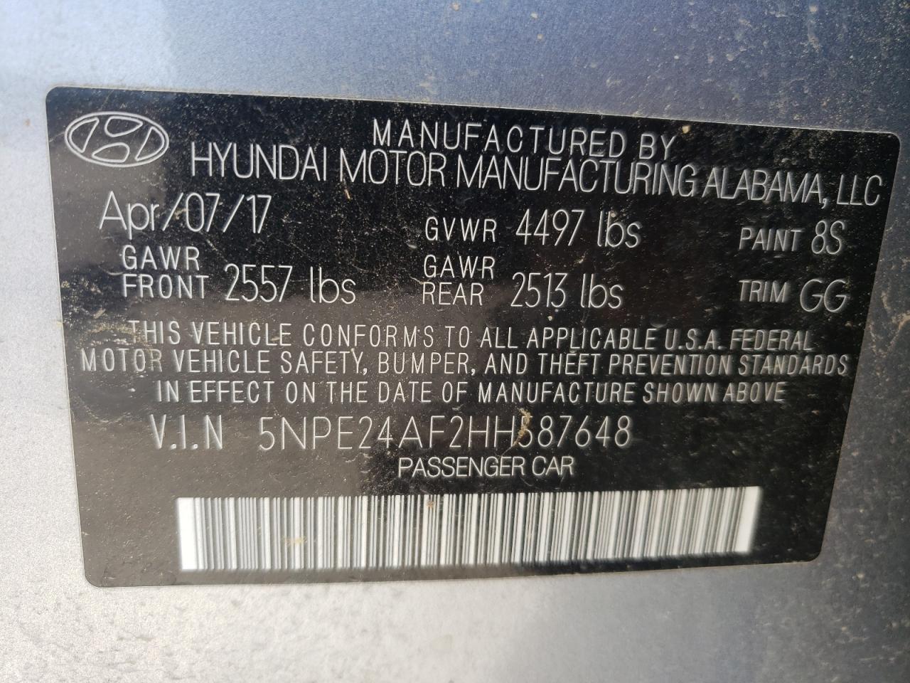 Photo 10 from auction – 2017 HYUNDAI SONATA SE with VIN 5NPE24AF2HH587648