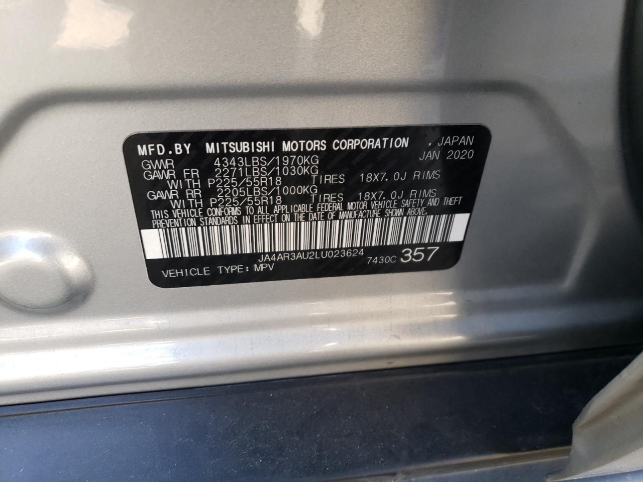 Photo 10 from auction – 2020 MITSUBISHI OUTLANDER with VIN JA4AR3AU2LU023624