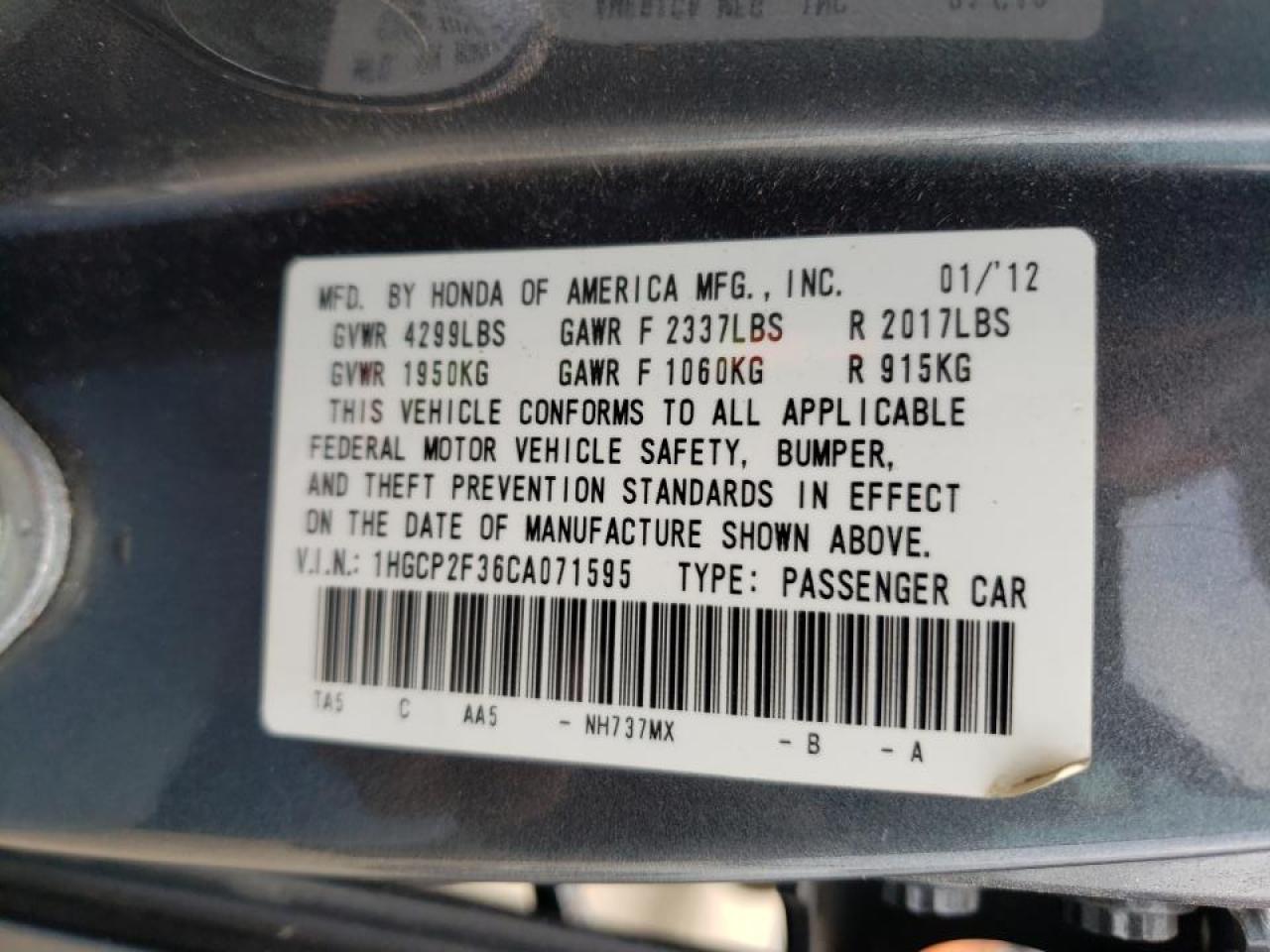 Photo 10 from auction – 2012 HONDA ACCORD LX with VIN 1HGCP2F36CA071595