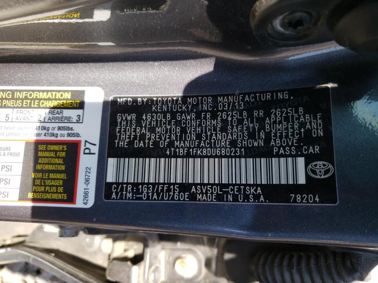 Photo 10 from auction – 2013 TOYOTA CAMRY with VIN 4T1BF1FK8DU680231