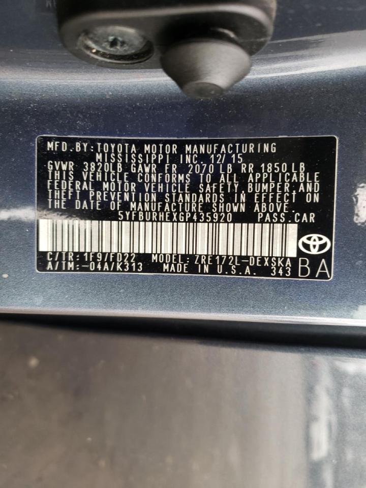 Photo 10 from auction – 2016 TOYOTA COROLLA L with VIN 5YFBURHEXGP435920