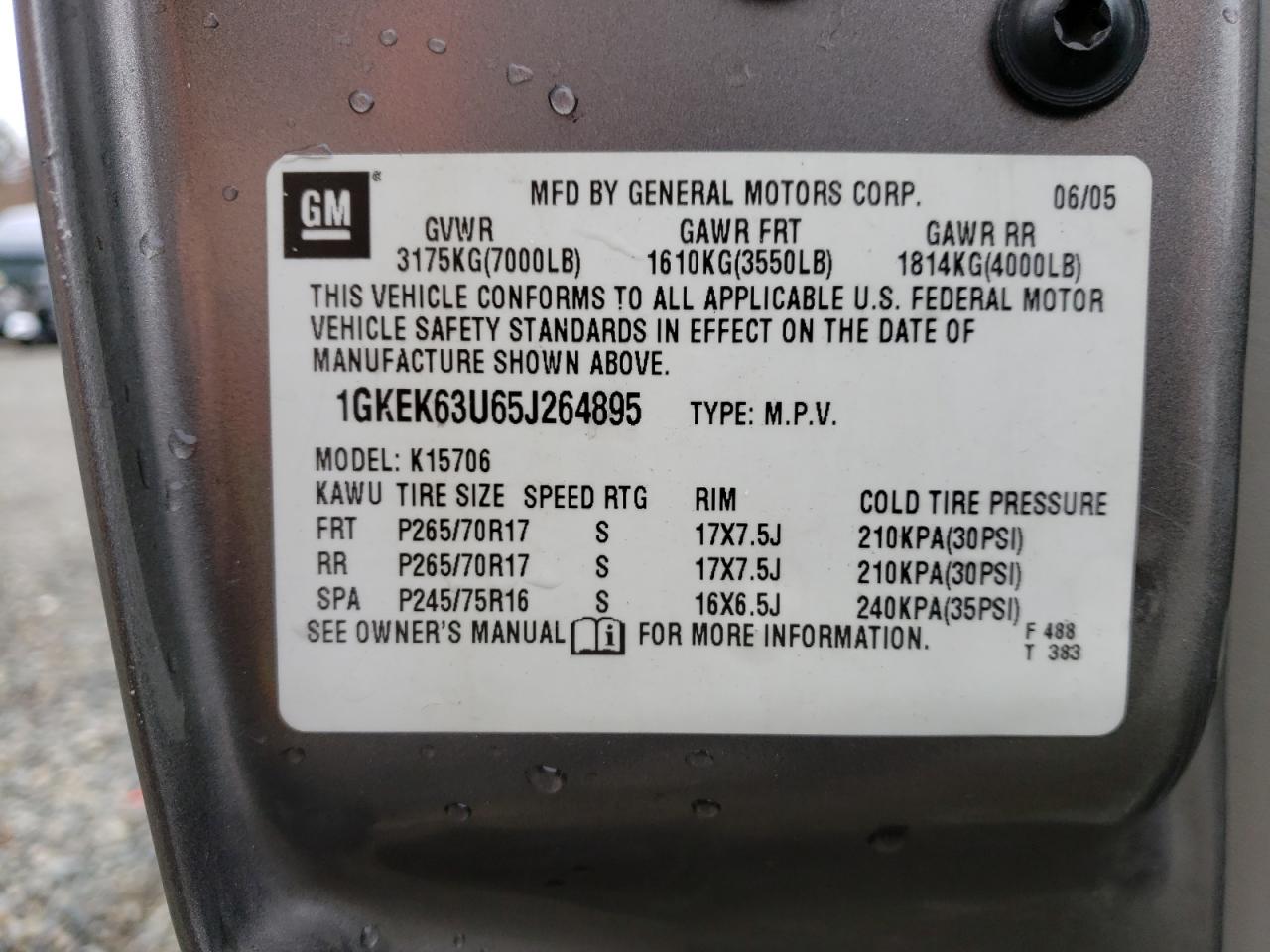 Photo 10 from auction – 2005 GMC YUKON DENA with VIN 1GKEK63U65J264895
