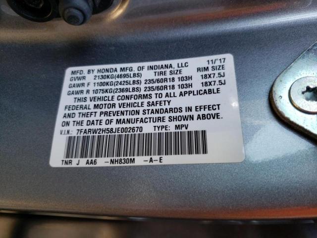Photo 10 from auction – 2018 HONDA CR-V EX with VIN 7FARW2H58JE002670