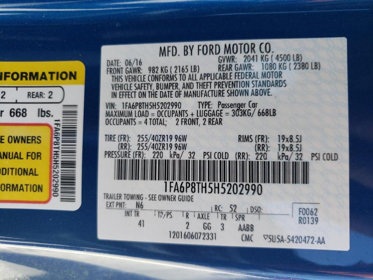 Photo 10 from auction – 2017 FORD MUSTANG with VIN 1FA6P8TH5H5202990