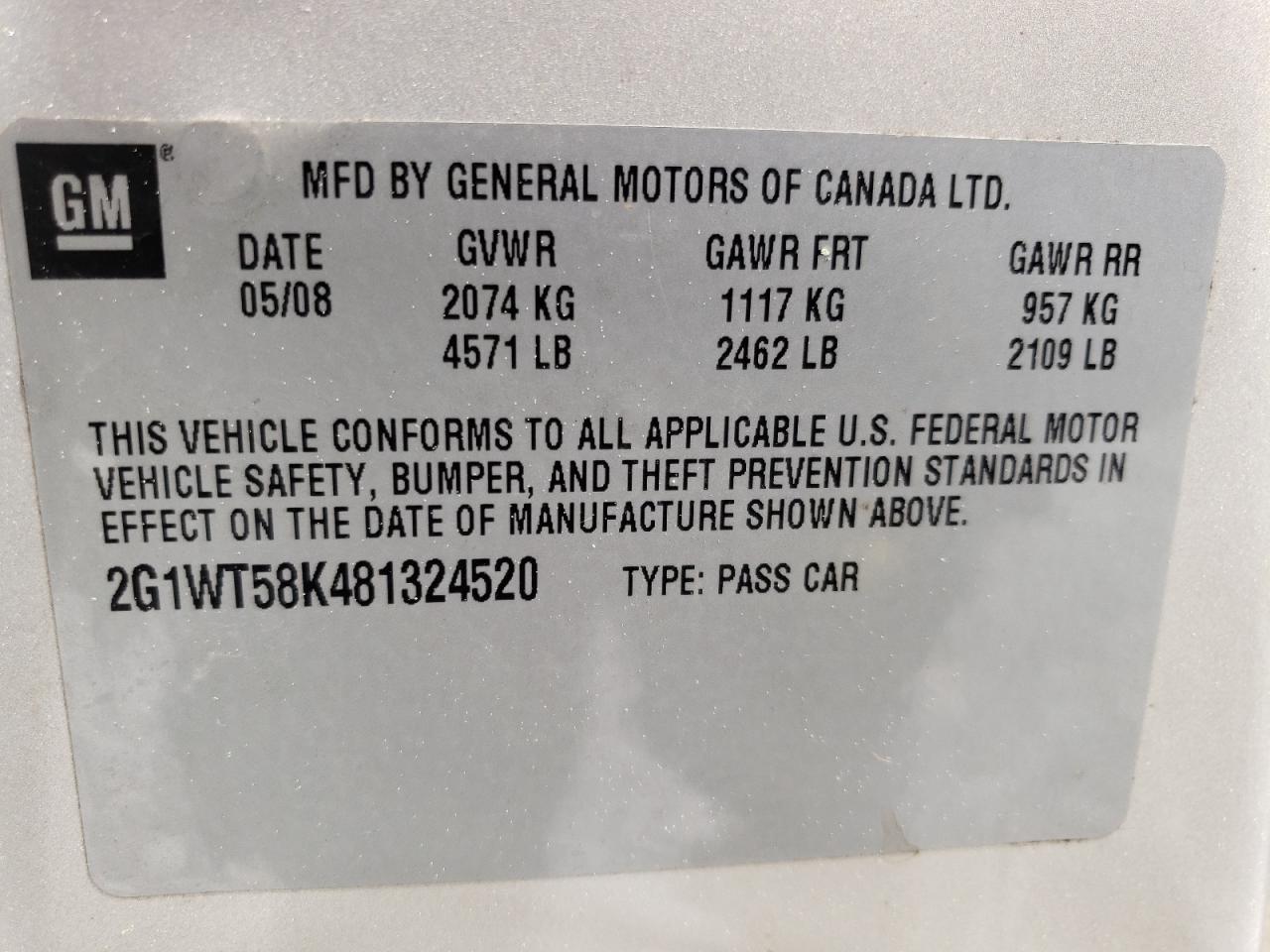Photo 10 from auction – 2008 CHEVROLET IMPALA LT with VIN 2G1WT58K481324520