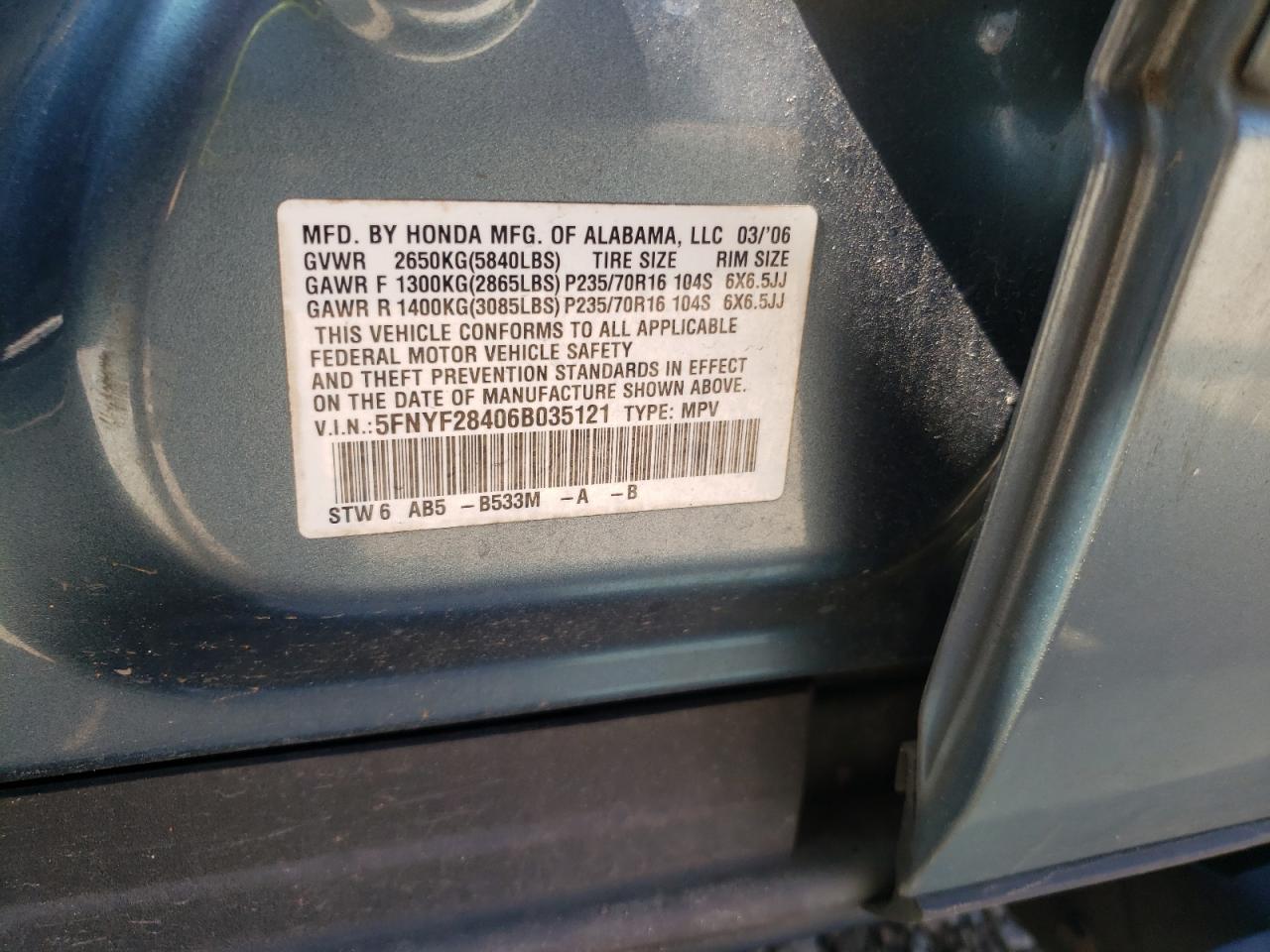 Photo 10 from auction – 2006 HONDA PILOT EX with VIN 5FNYF28406B035121