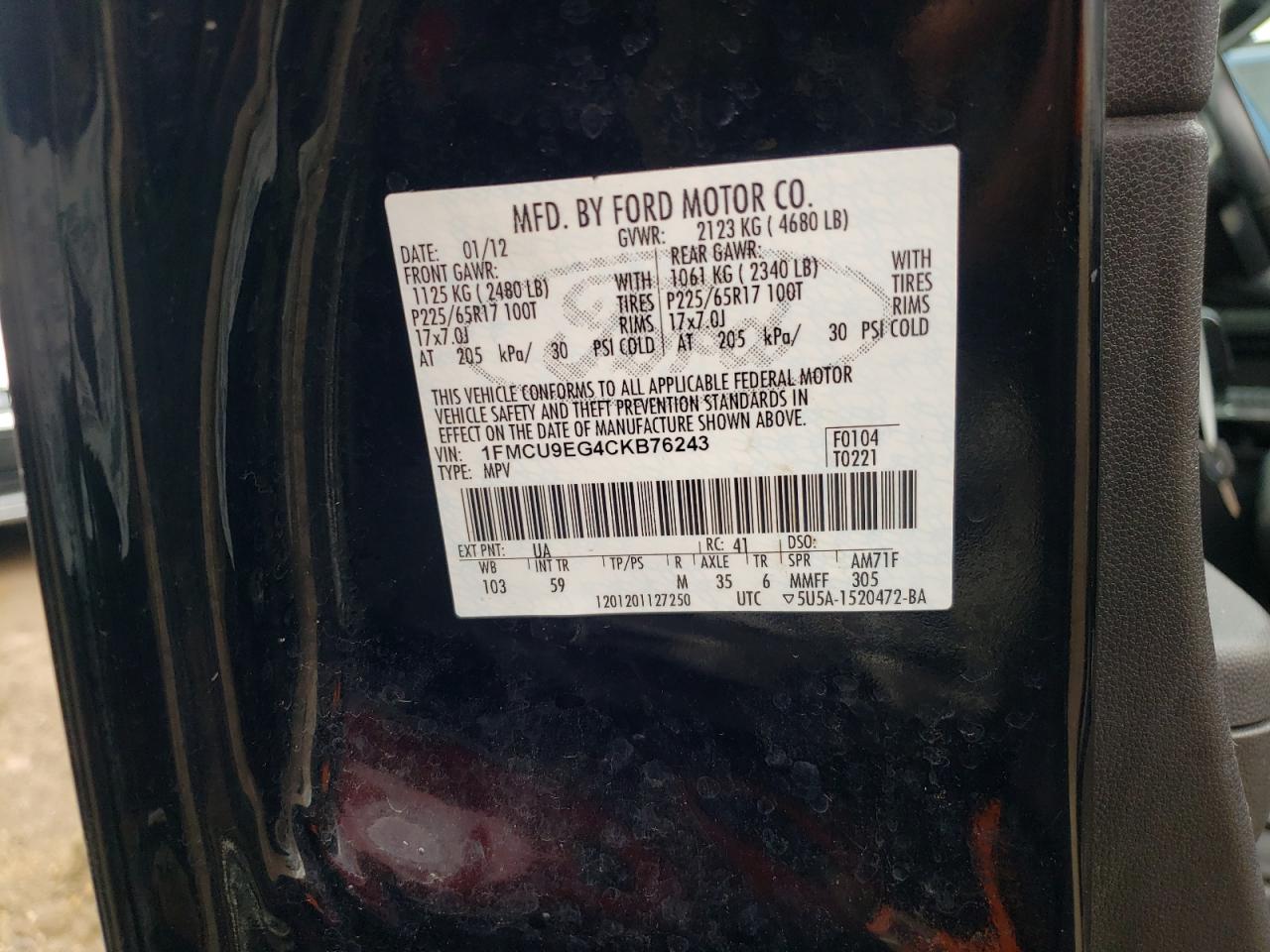 Photo 10 from auction – 2012 FORD ESCAPE LIM with VIN 1FMCU9EG4CKB76243