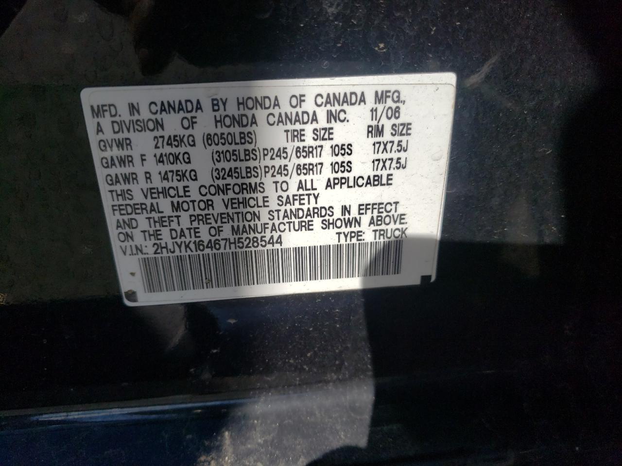 Photo 10 from auction – 2007 HONDA RIDGELINE with VIN 2HJYK16467H528544