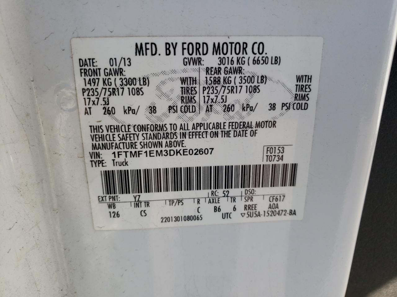 Photo 10 from auction – 2013 FORD F-150 with VIN 1FTMF1EM3DKE02607