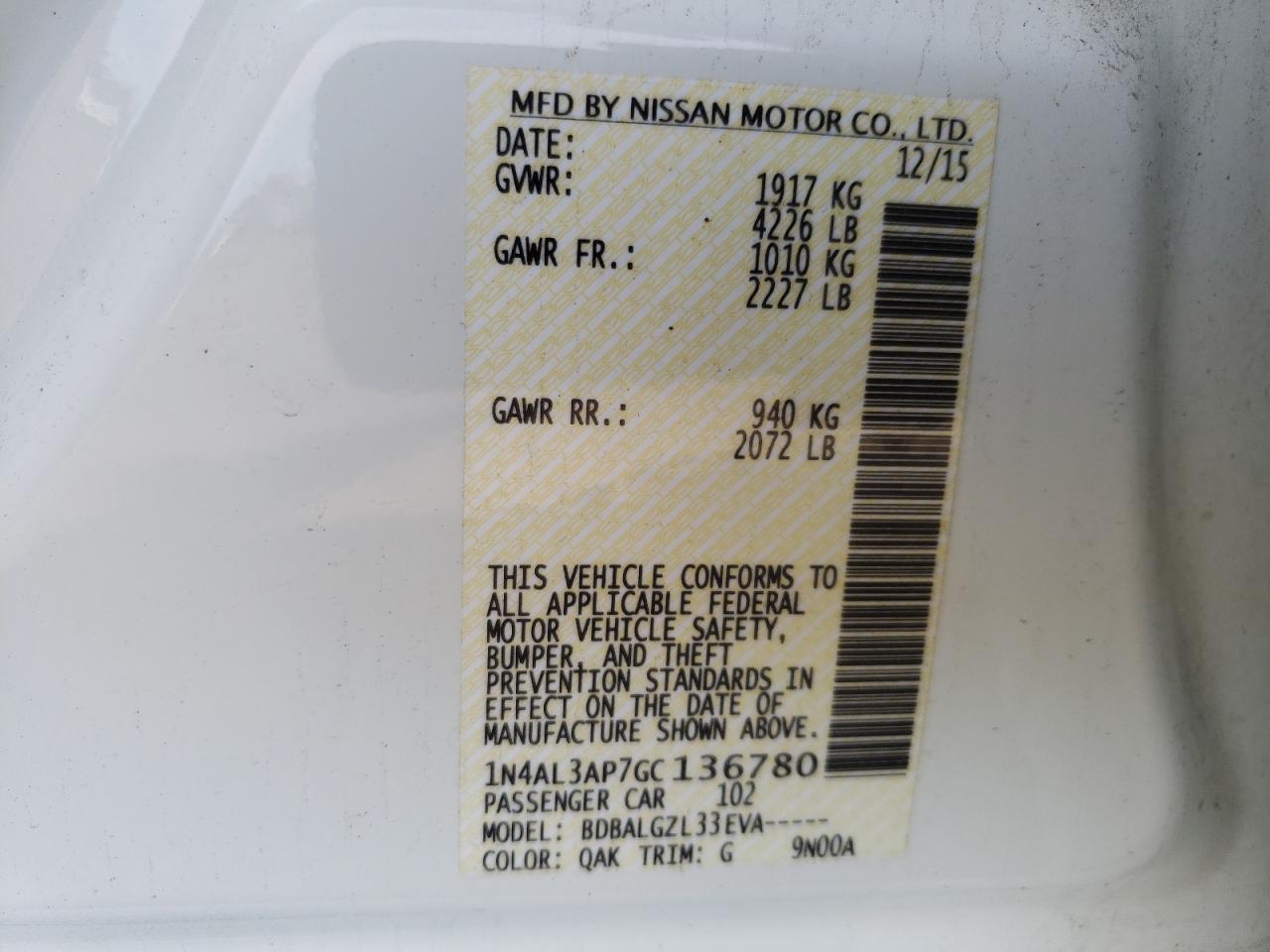 Photo 10 from auction – 2016 NISSAN ALTIMA 2.5 with VIN 1N4AL3AP7GC136780