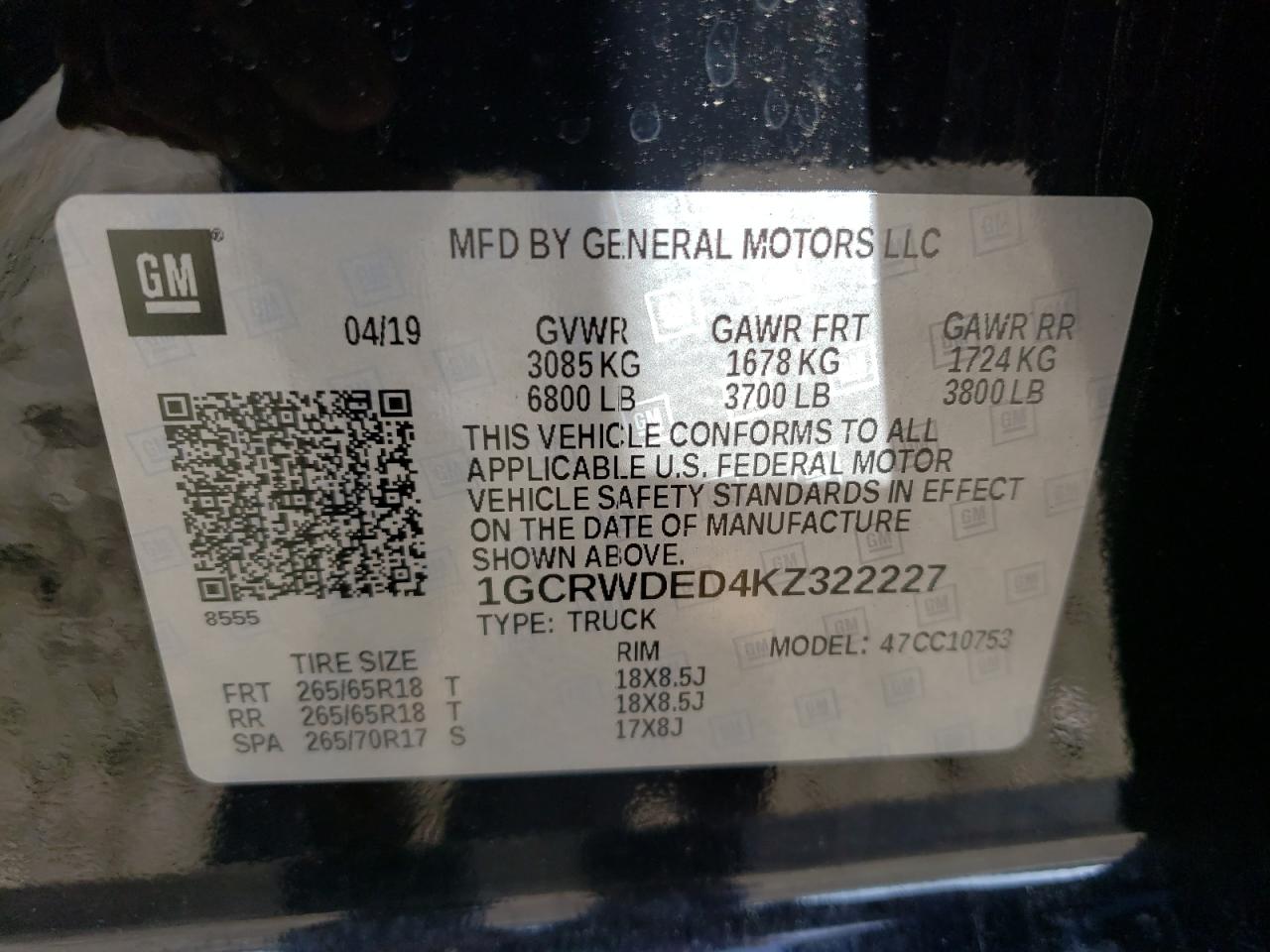 Photo 10 from auction – 2019 CHEVROLET SILVERADO with VIN 1GCRWDED4KZ322227