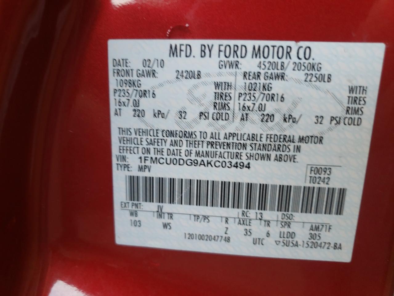 Photo 10 from auction – 2010 FORD ESCAPE XLT with VIN 1FMCU0DG9AKC03494