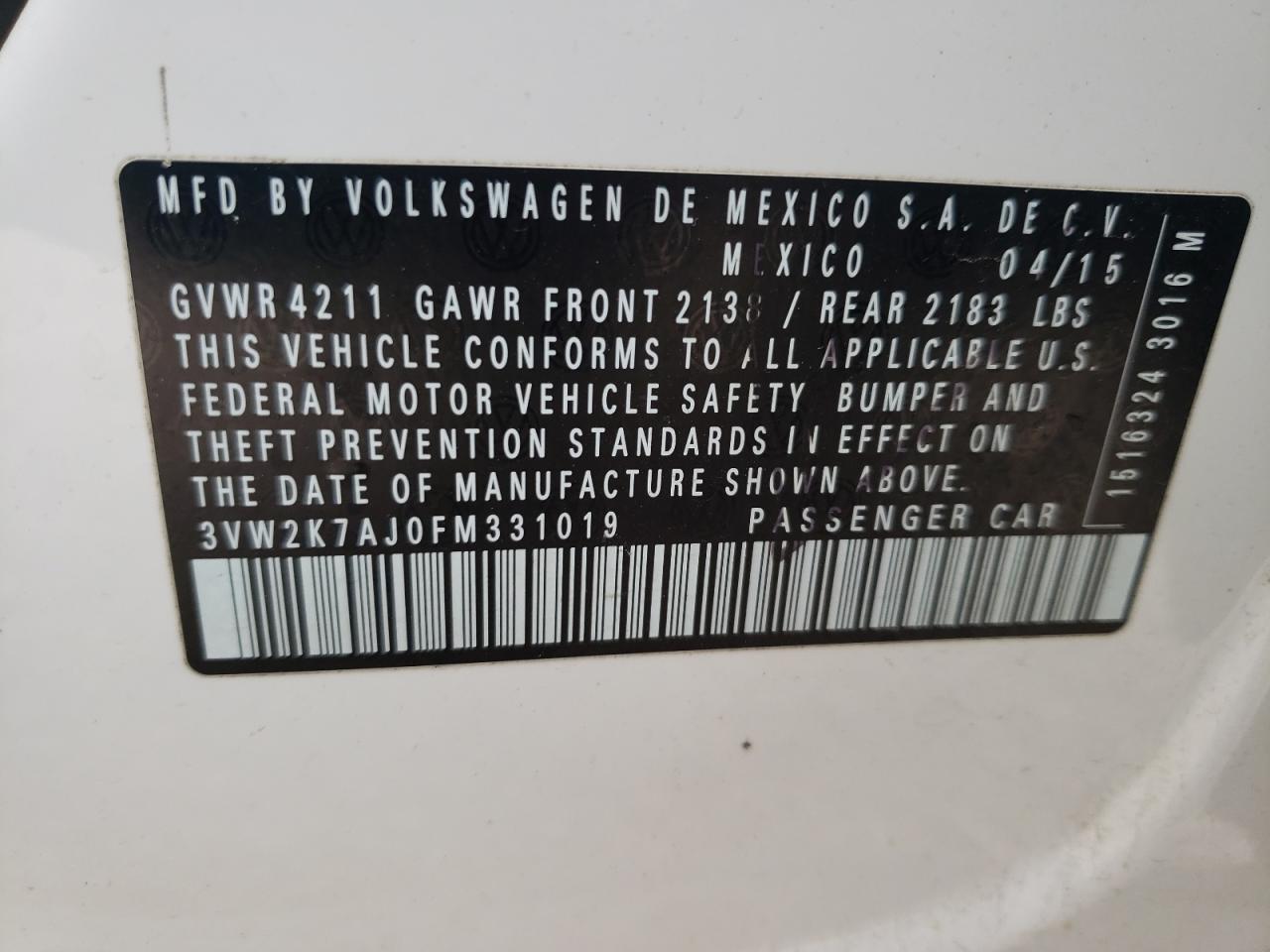 Photo 10 from auction – 2015 VOLKSWAGEN JETTA BASE with VIN 3VW2K7AJ0FM331019
