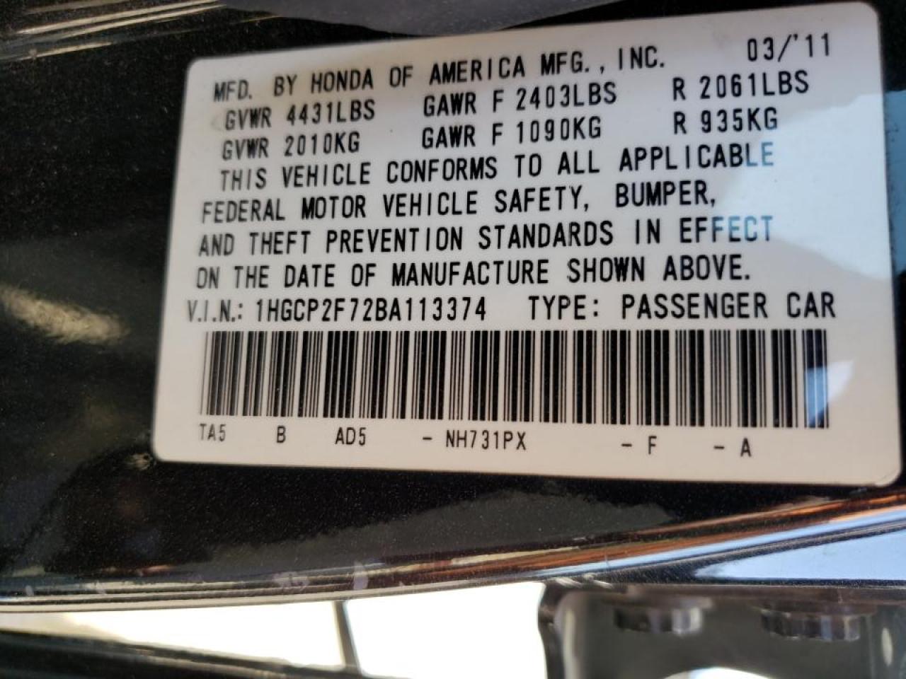 Photo 10 from auction – 2011 HONDA ACCORD EX with VIN 1HGCP2F72BA113374