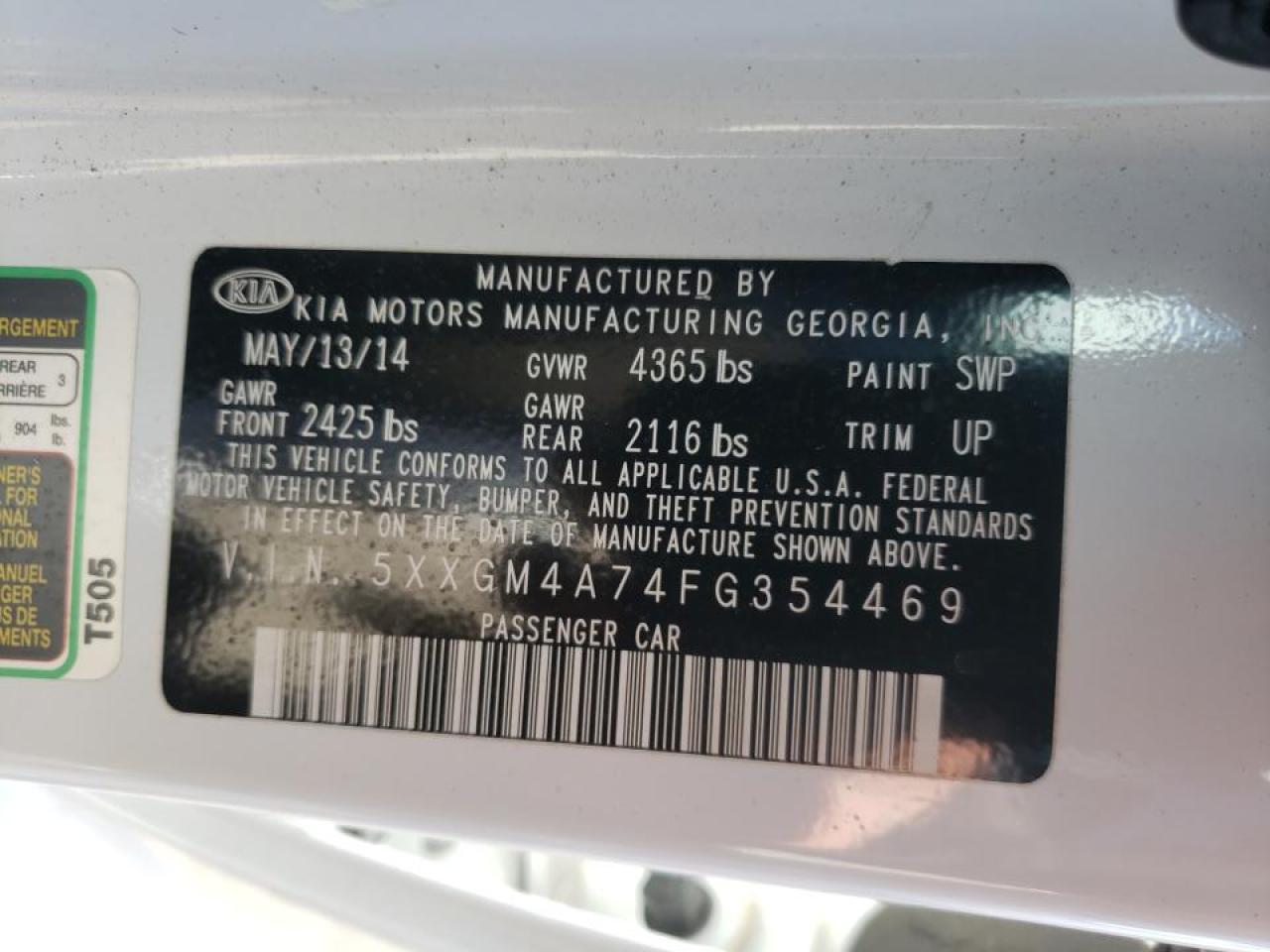 Photo 10 from auction – 2015 KIA OPTIMA LX with VIN 5XXGM4A74FG354469